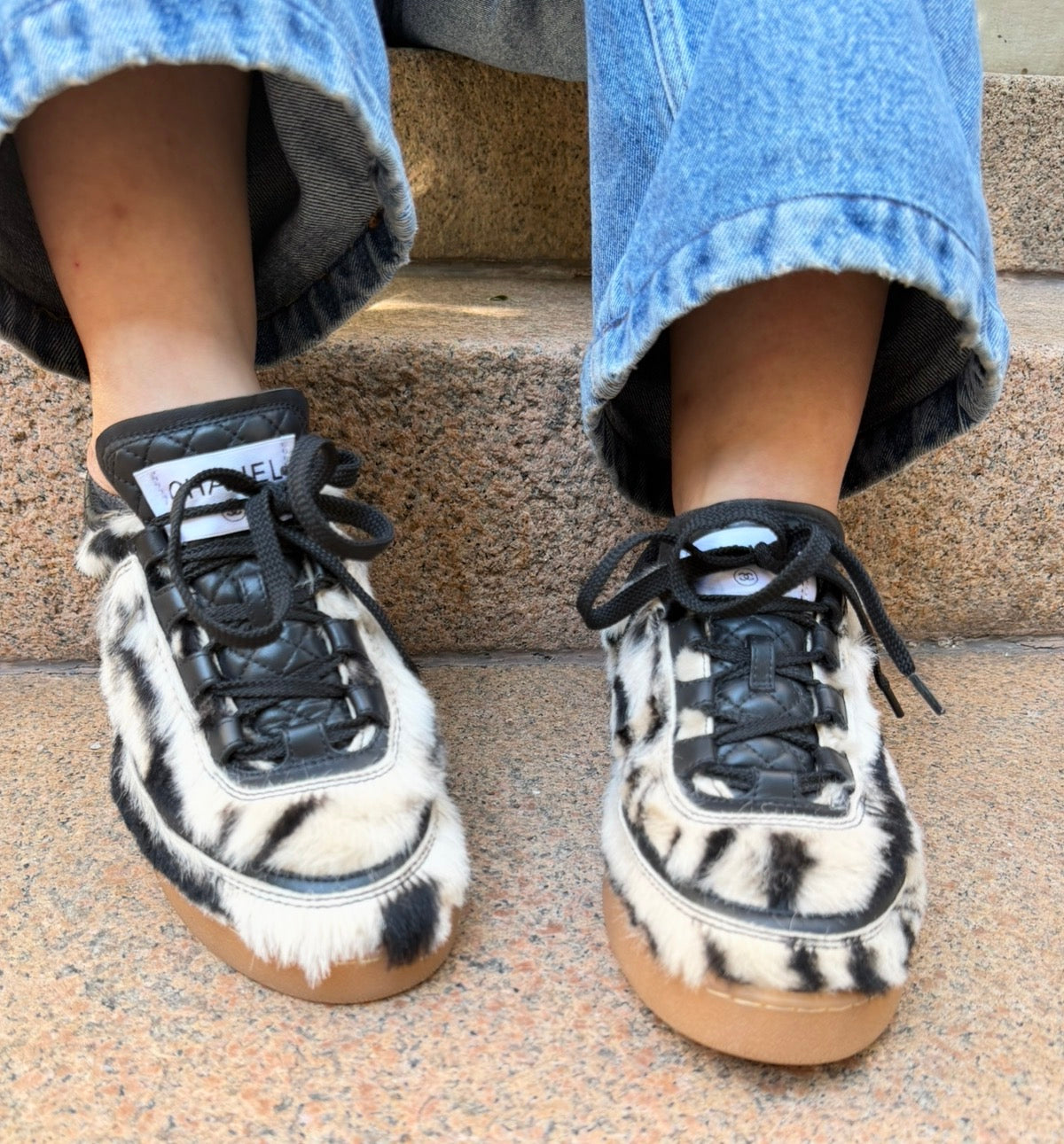 CHANEL Zebra Black and White Animal Print Sneakers
