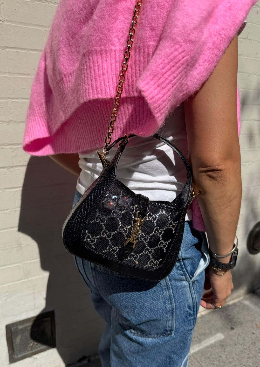 Gucci Mini Jackie Black Lizard Bag with GG Crystals