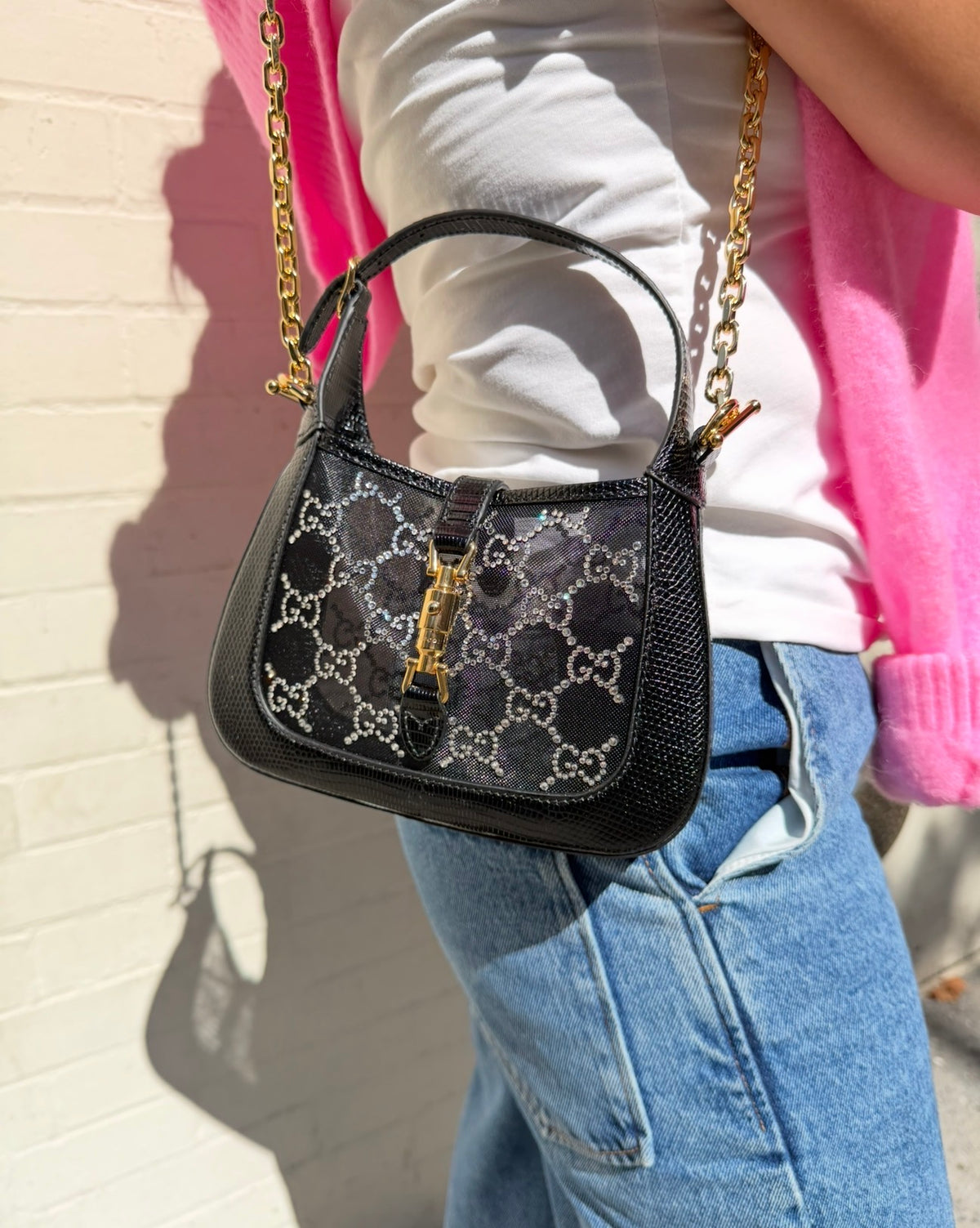 Gucci Mini Jackie Black Lizard Bag with GG Crystals