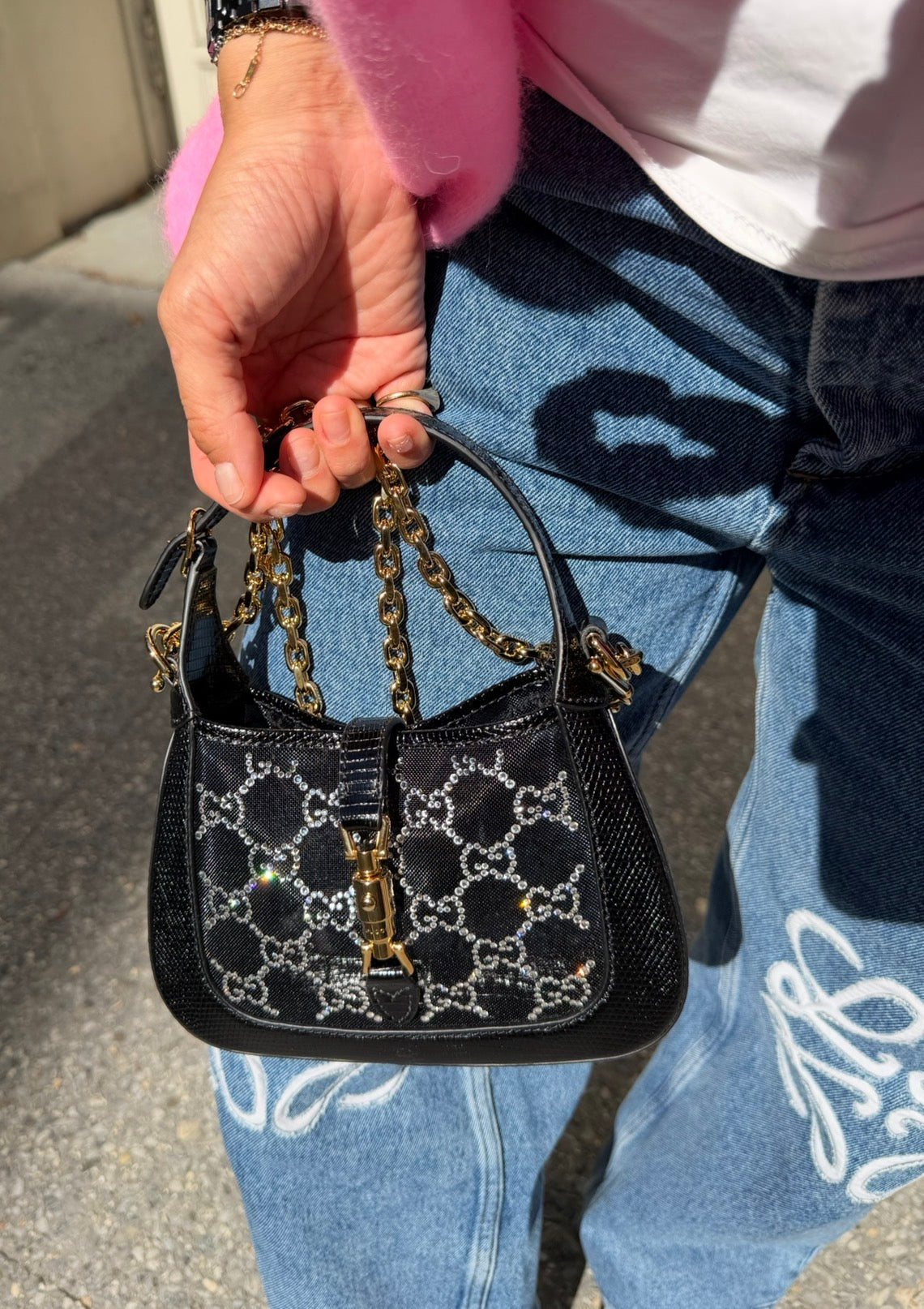 Gucci Mini Jackie Black Lizard Bag with GG Crystals