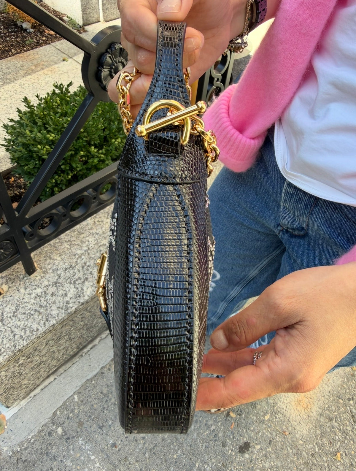 Gucci Mini Jackie Black Lizard Bag with GG Crystals