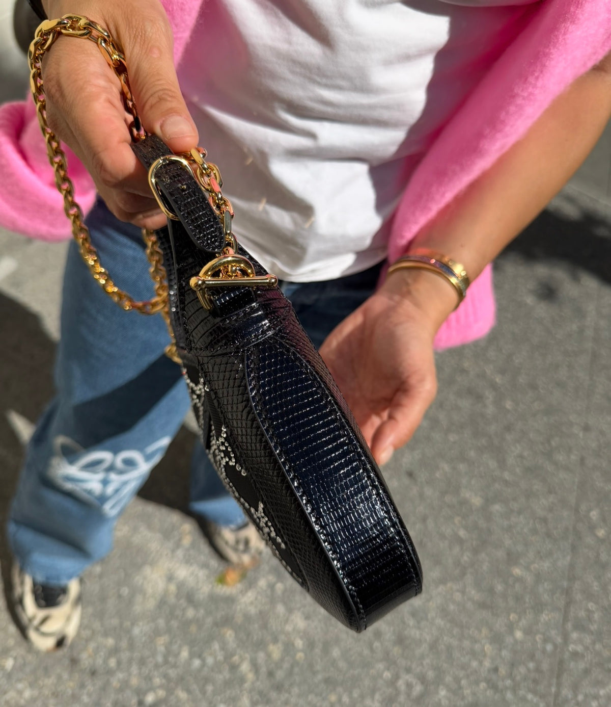 Gucci Mini Jackie Black Lizard Bag with GG Crystals