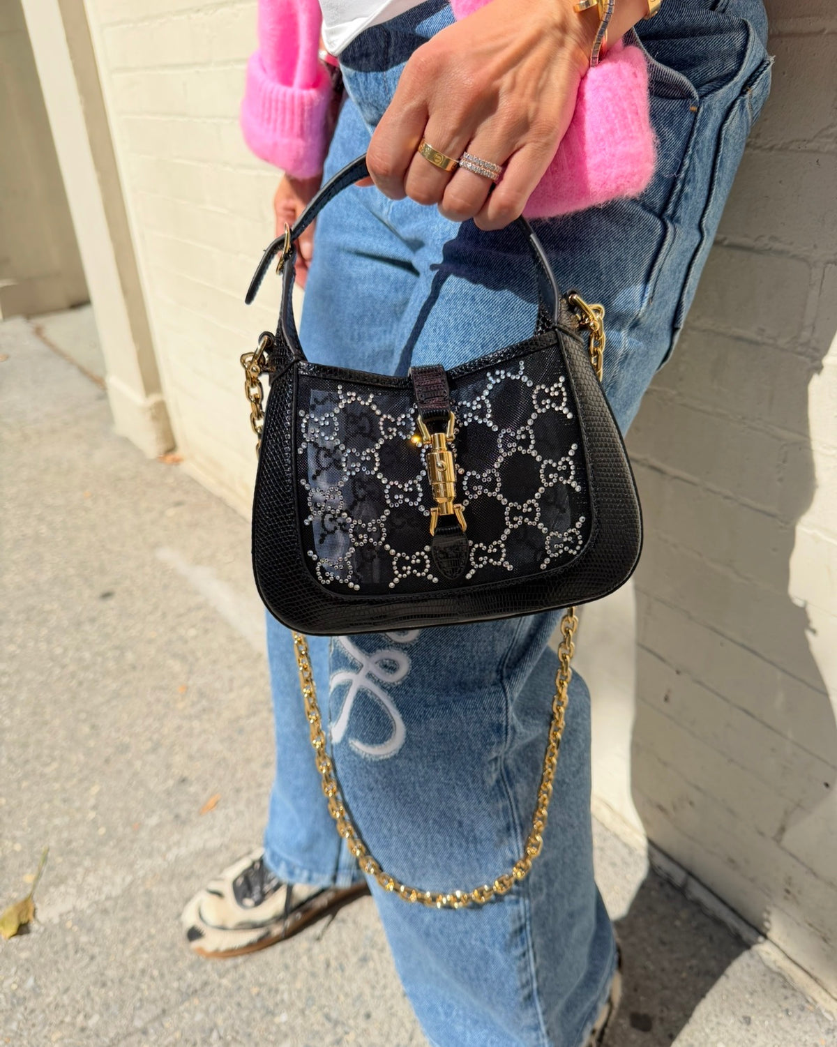 Gucci Mini Jackie Black Lizard Bag with GG Crystals