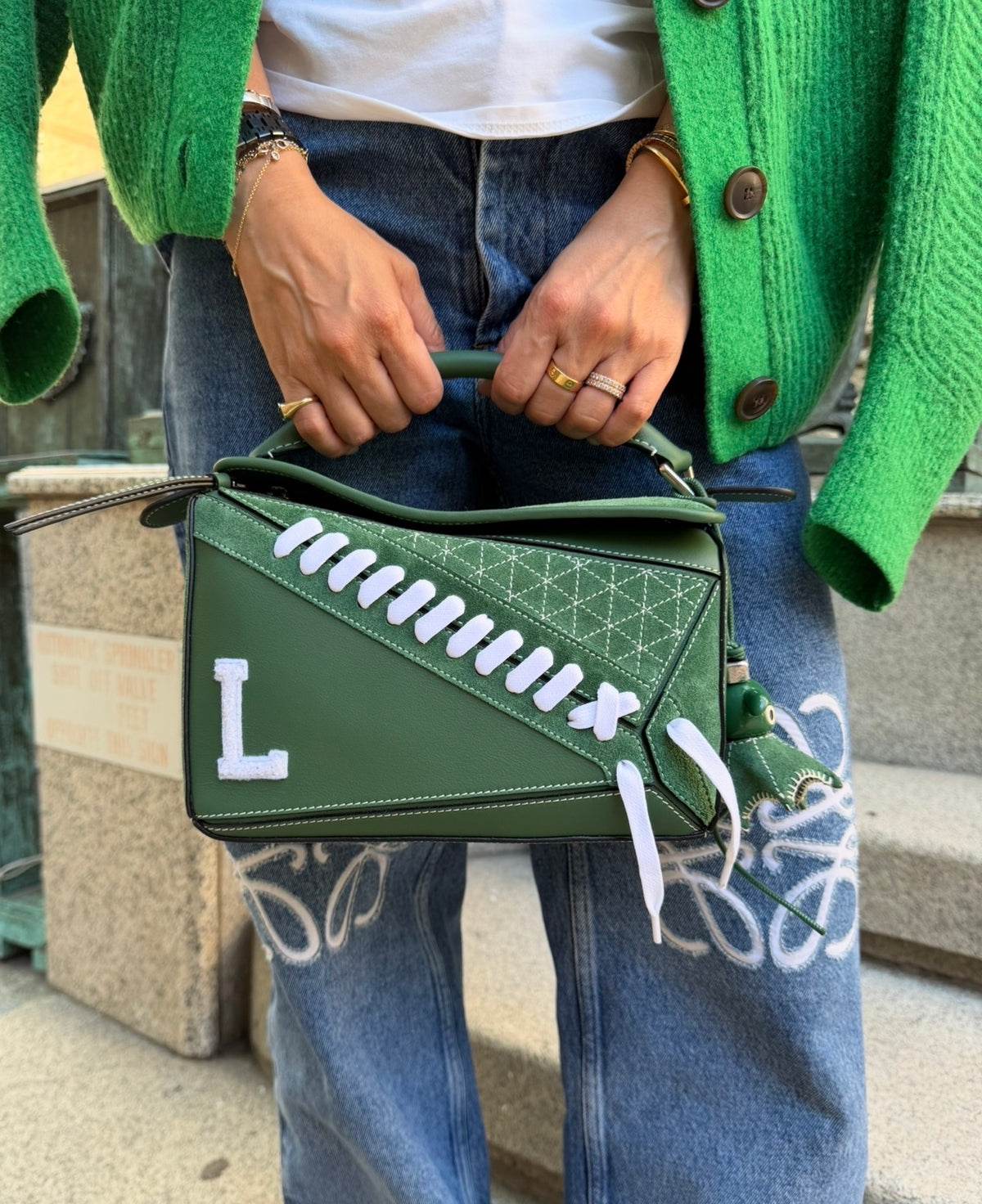 Loewe Green Suede Puzzle 10 Varsity Bag