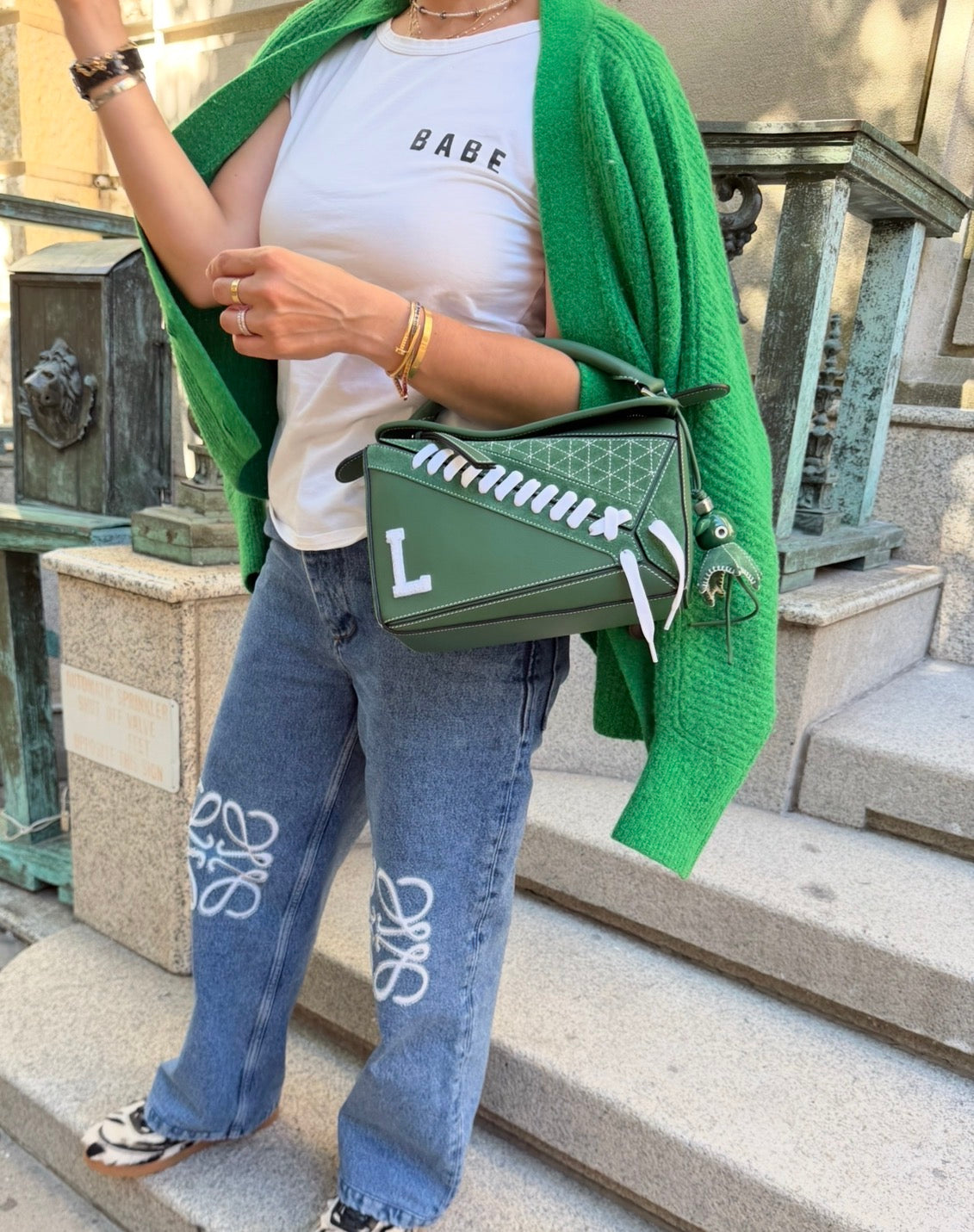 Loewe Green Suede Puzzle 10 Varsity Bag