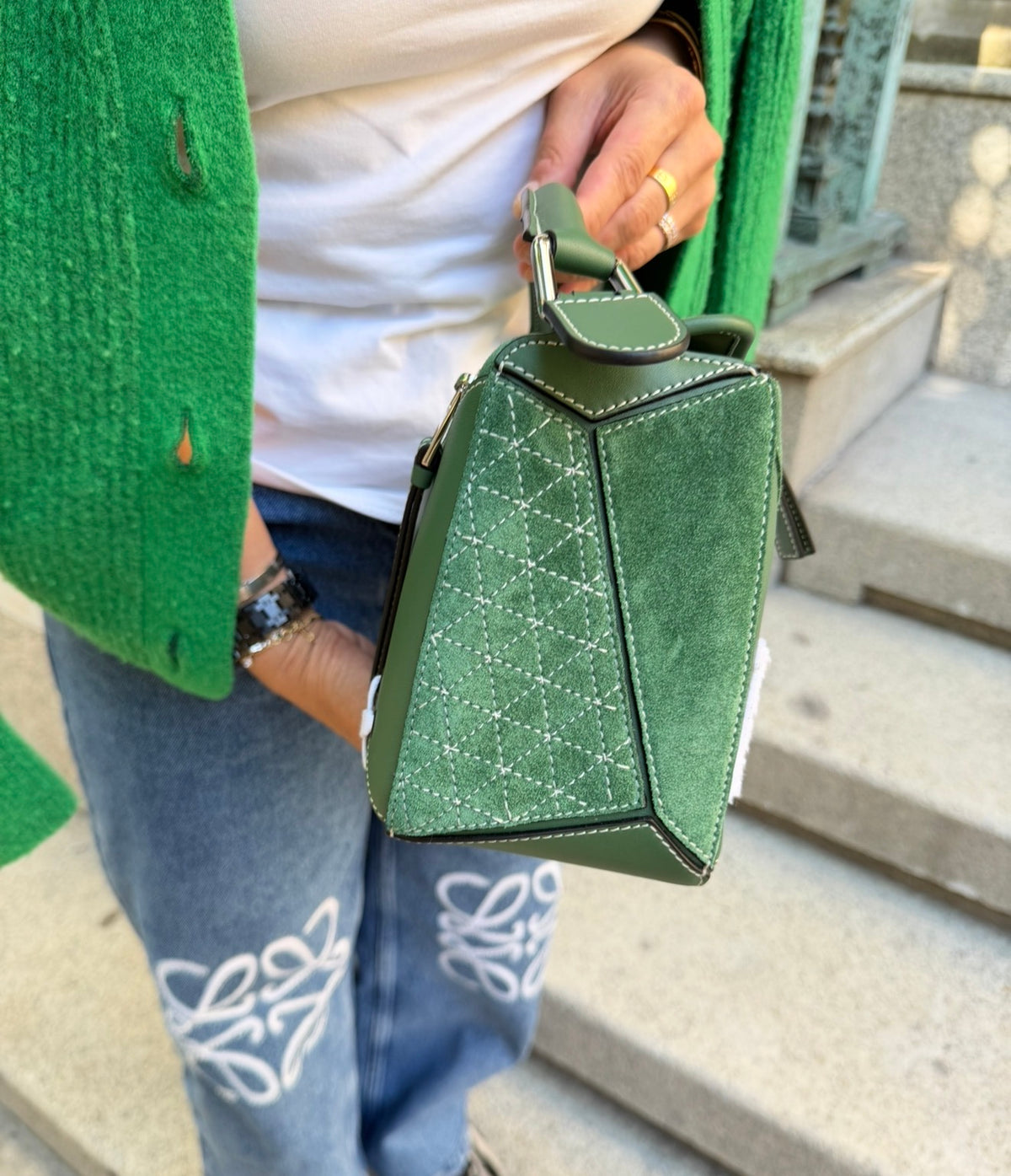 Loewe Green Suede Puzzle 10 Varsity Bag