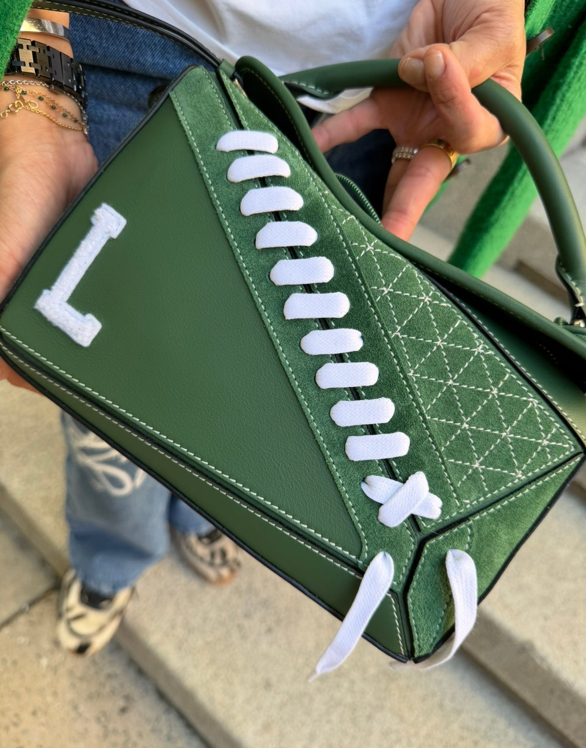 Loewe Green Suede Puzzle 10 Varsity Bag