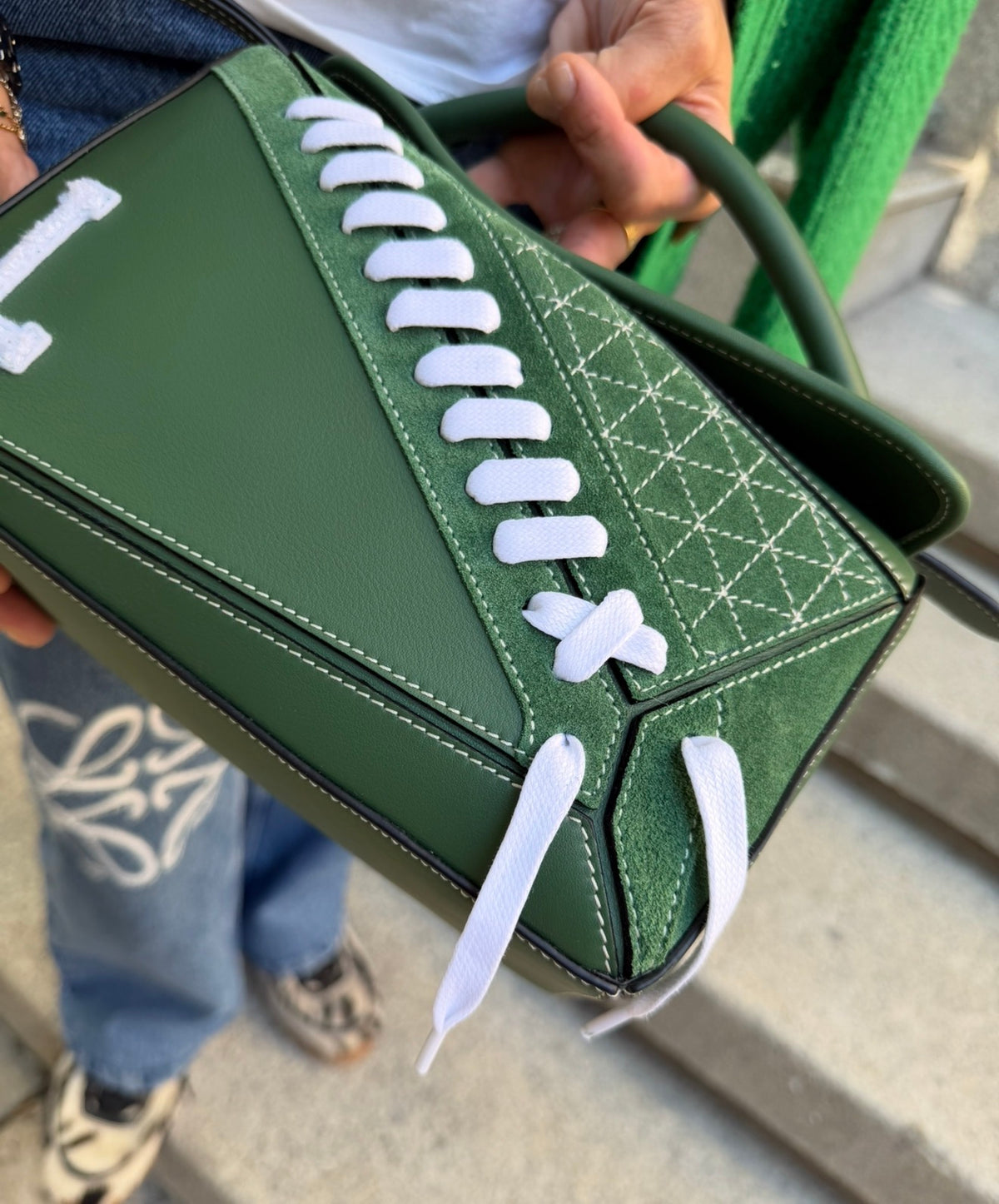 Loewe Green Suede Puzzle 10 Varsity Bag