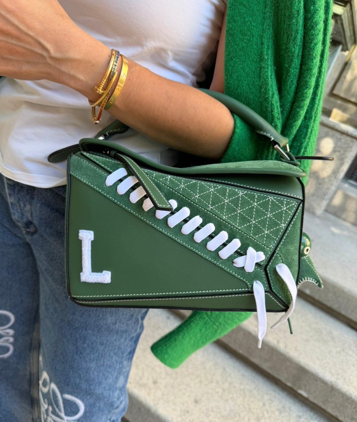 Loewe Green Suede Puzzle 10 Varsity Bag