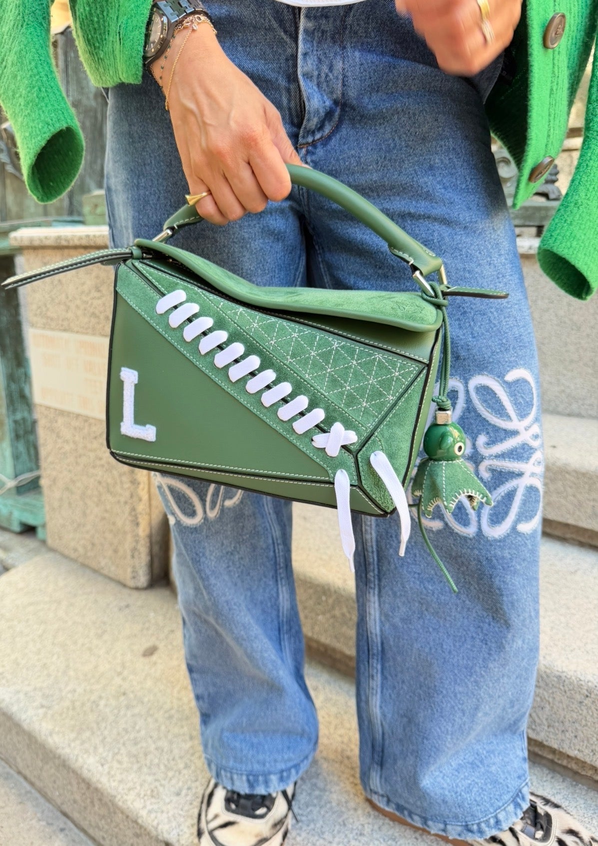 Loewe Green Suede Puzzle 10 Varsity Bag