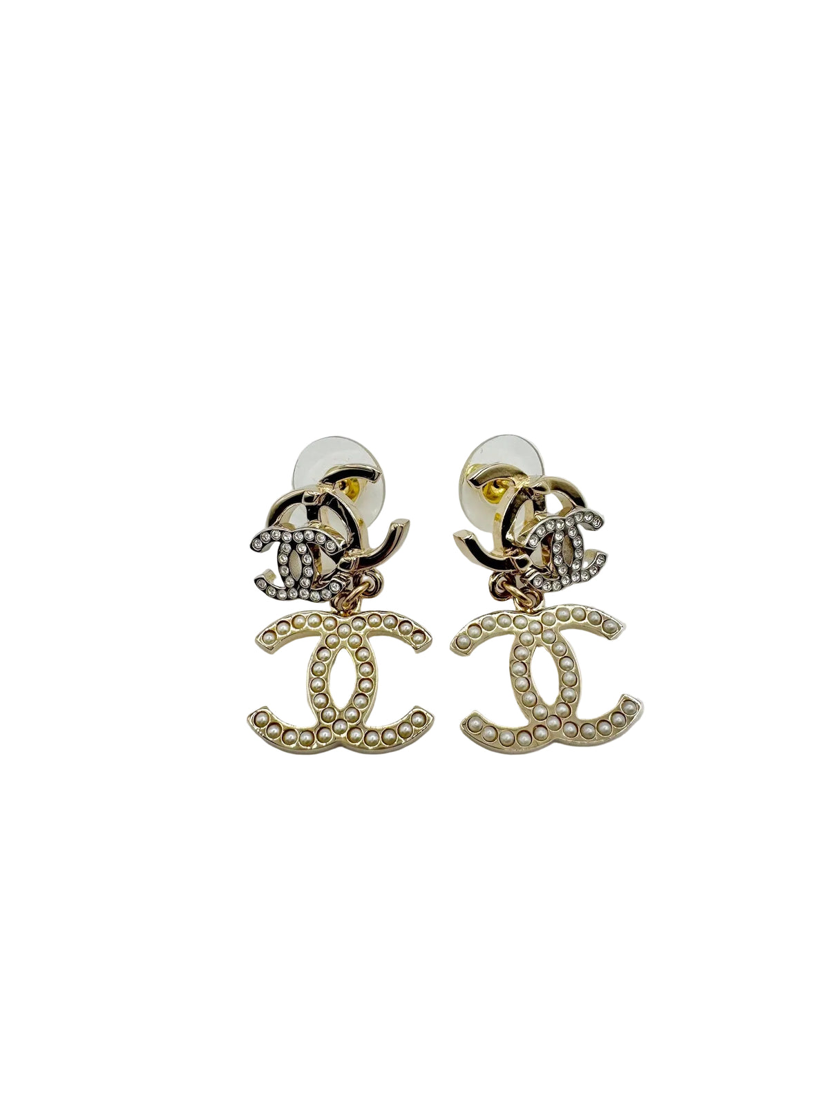 CHANEL Gold Triple CC Logo Earrings