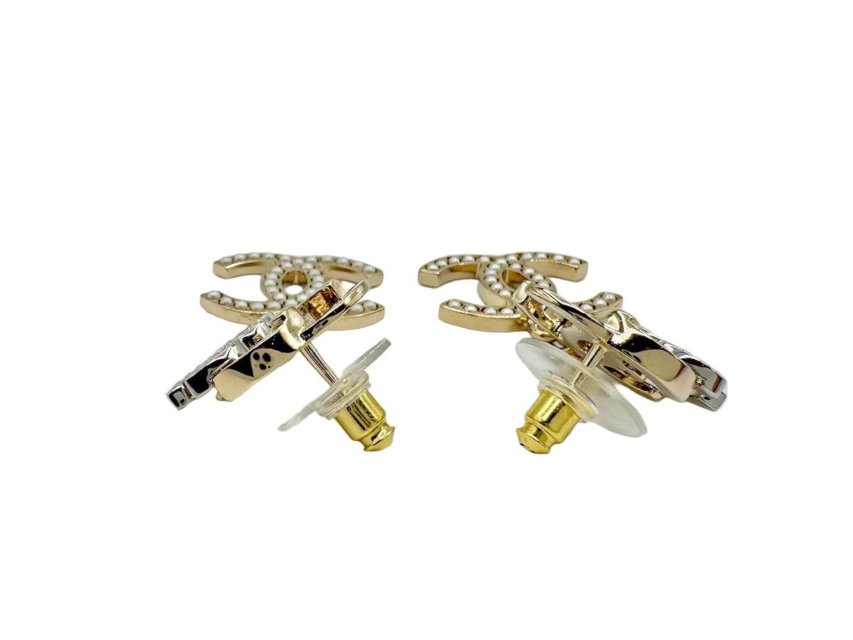 CHANEL Gold Triple CC Logo Earrings