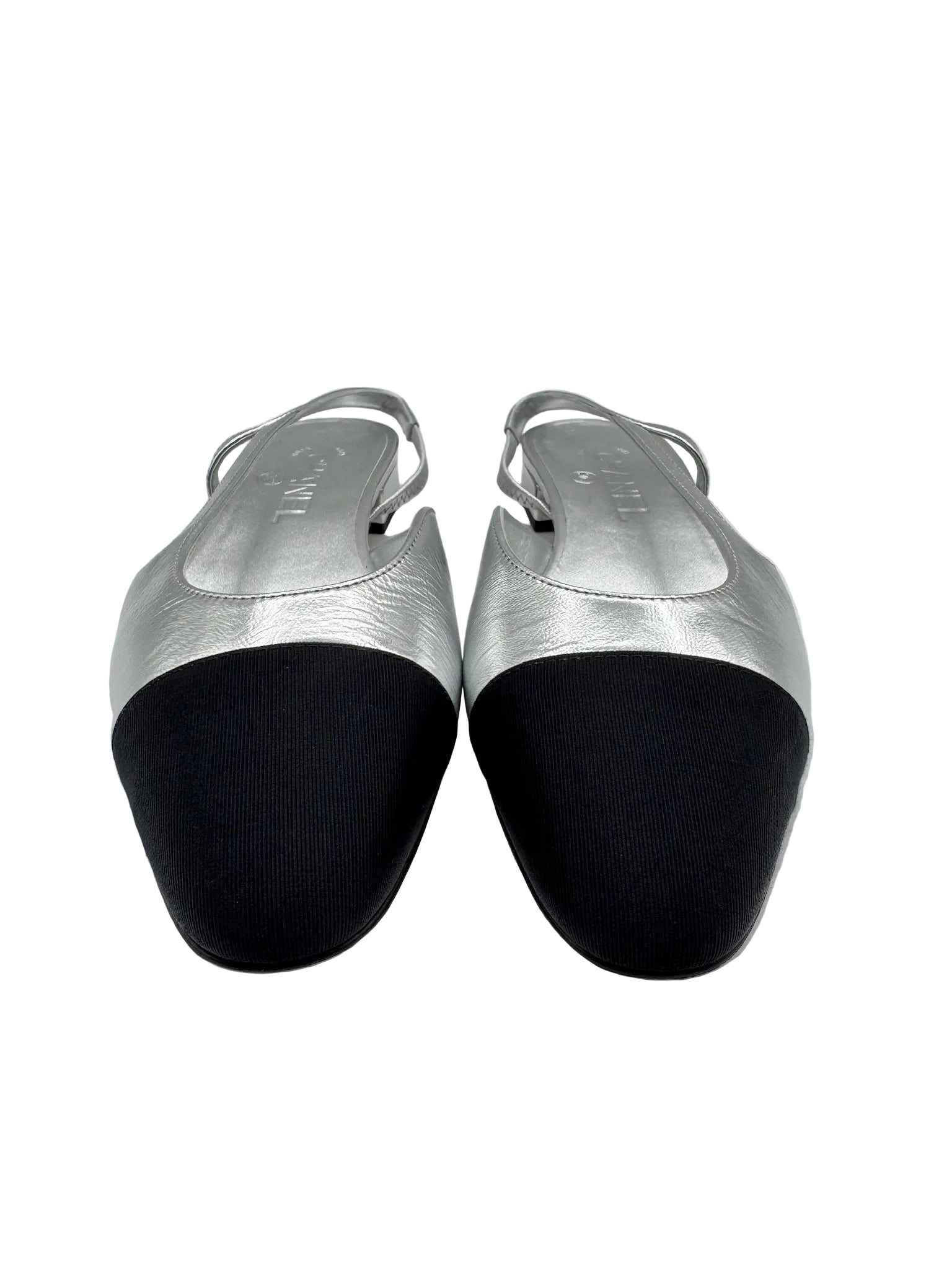 CHANEL Silver Metallic Slingback Flats