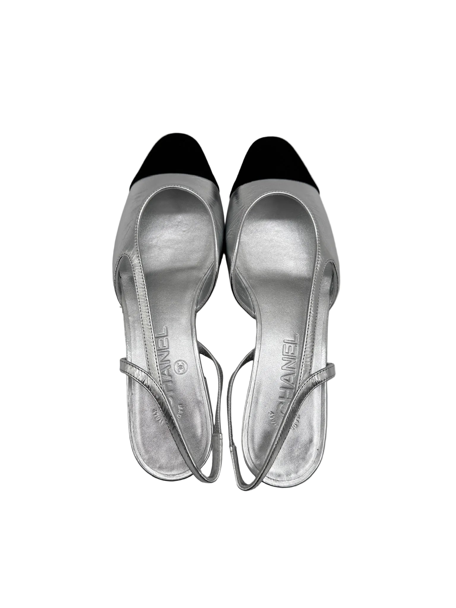 CHANEL Silver Metallic Slingback Flats
