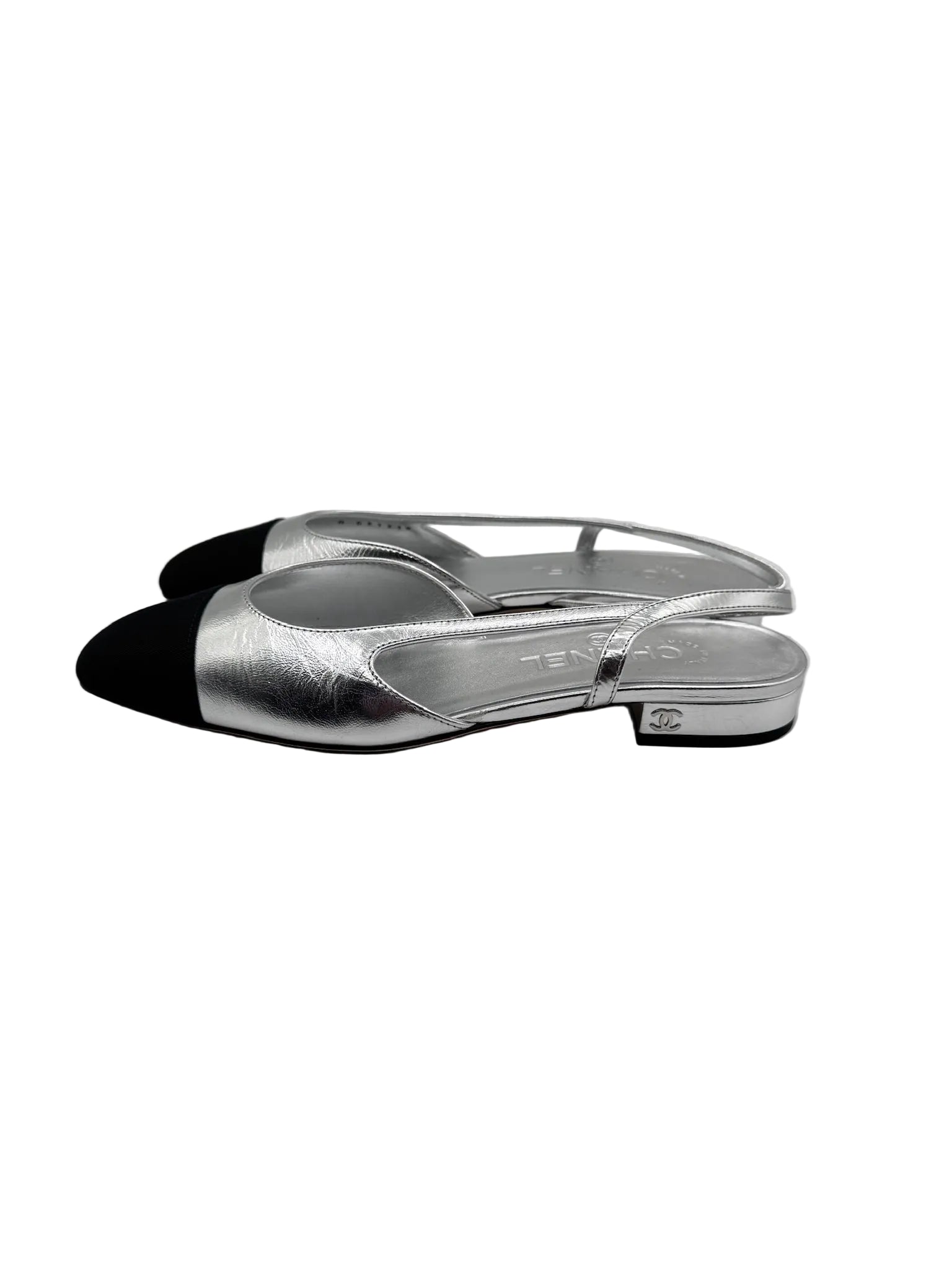 CHANEL Silver Metallic Slingback Flats