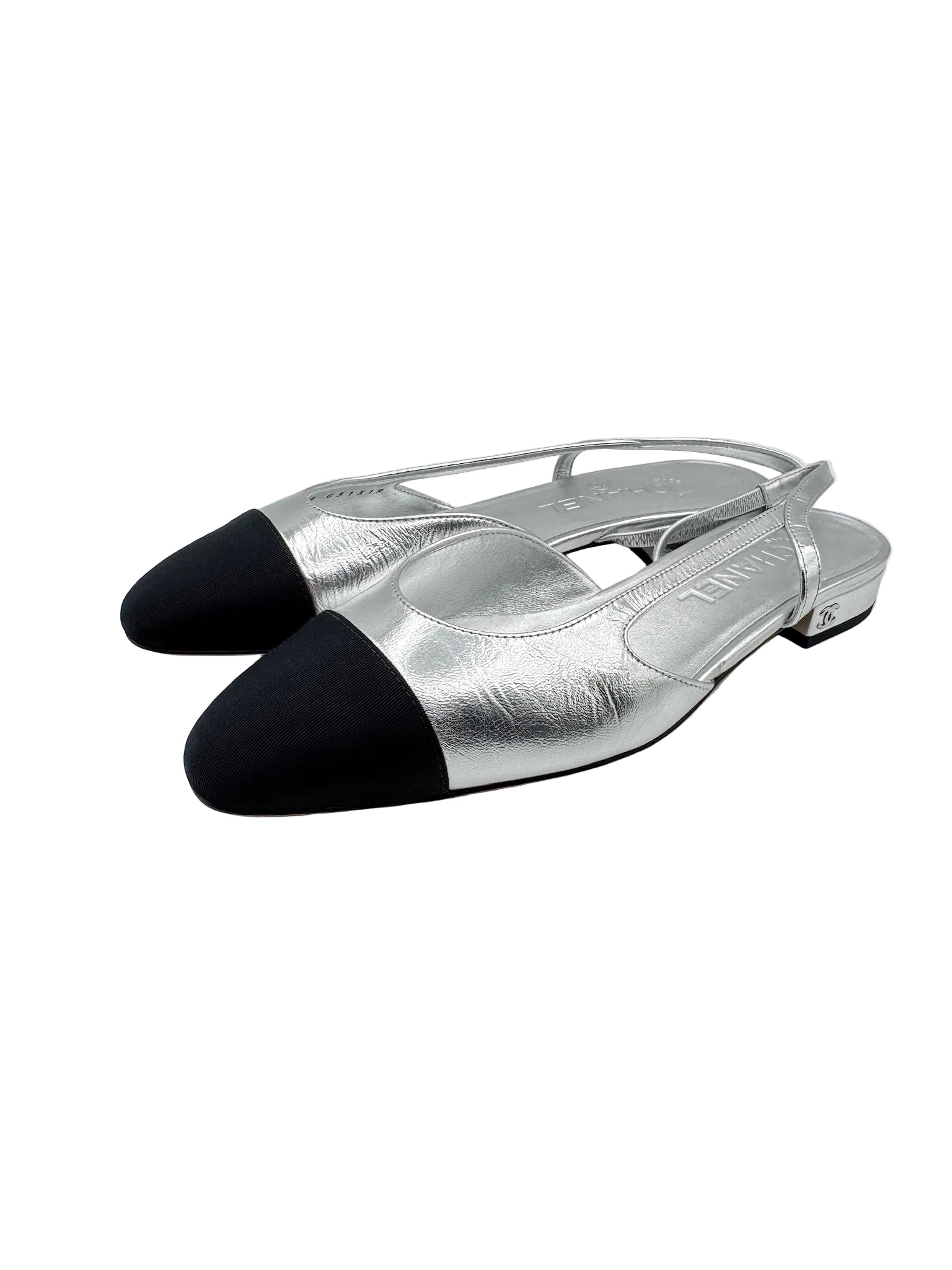 CHANEL Silver Metallic Slingback Flats