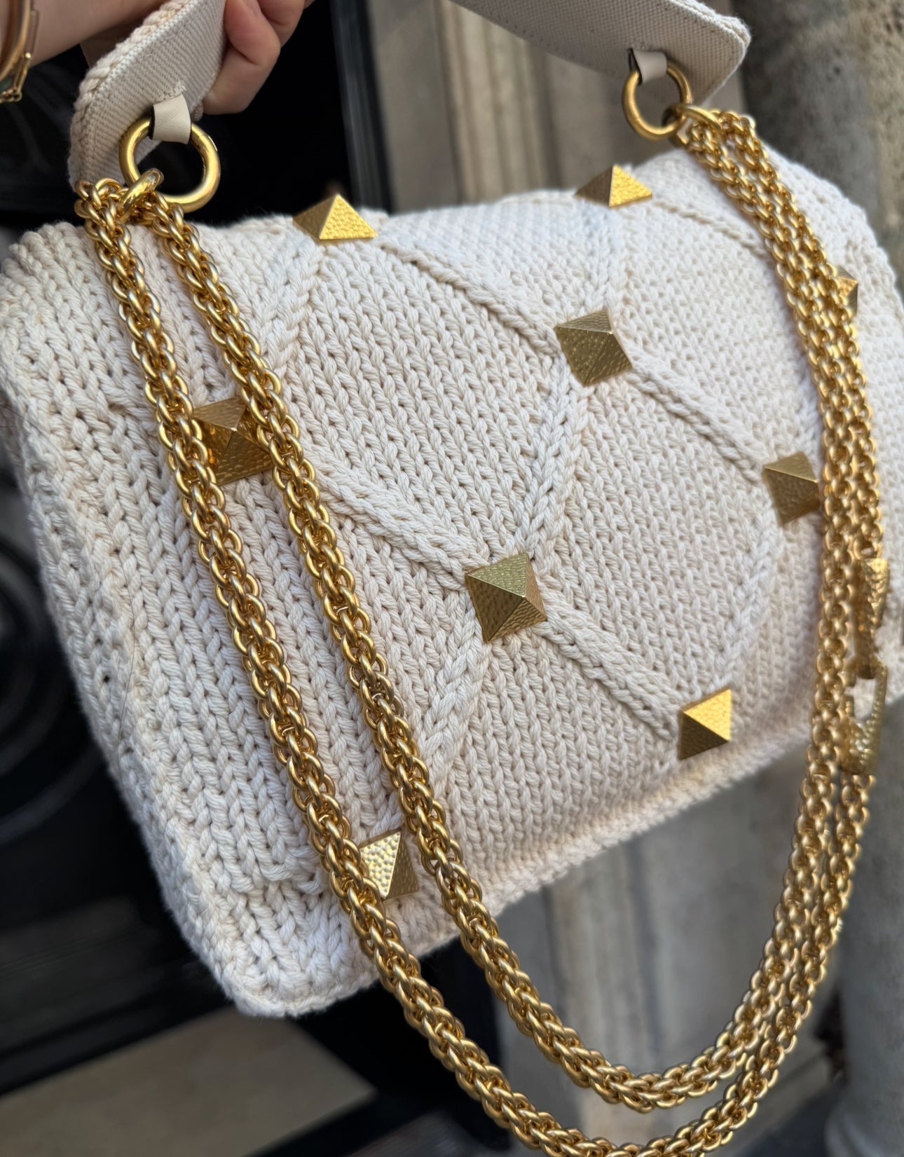 Valentino White Ivory Knit Rockstud Bag