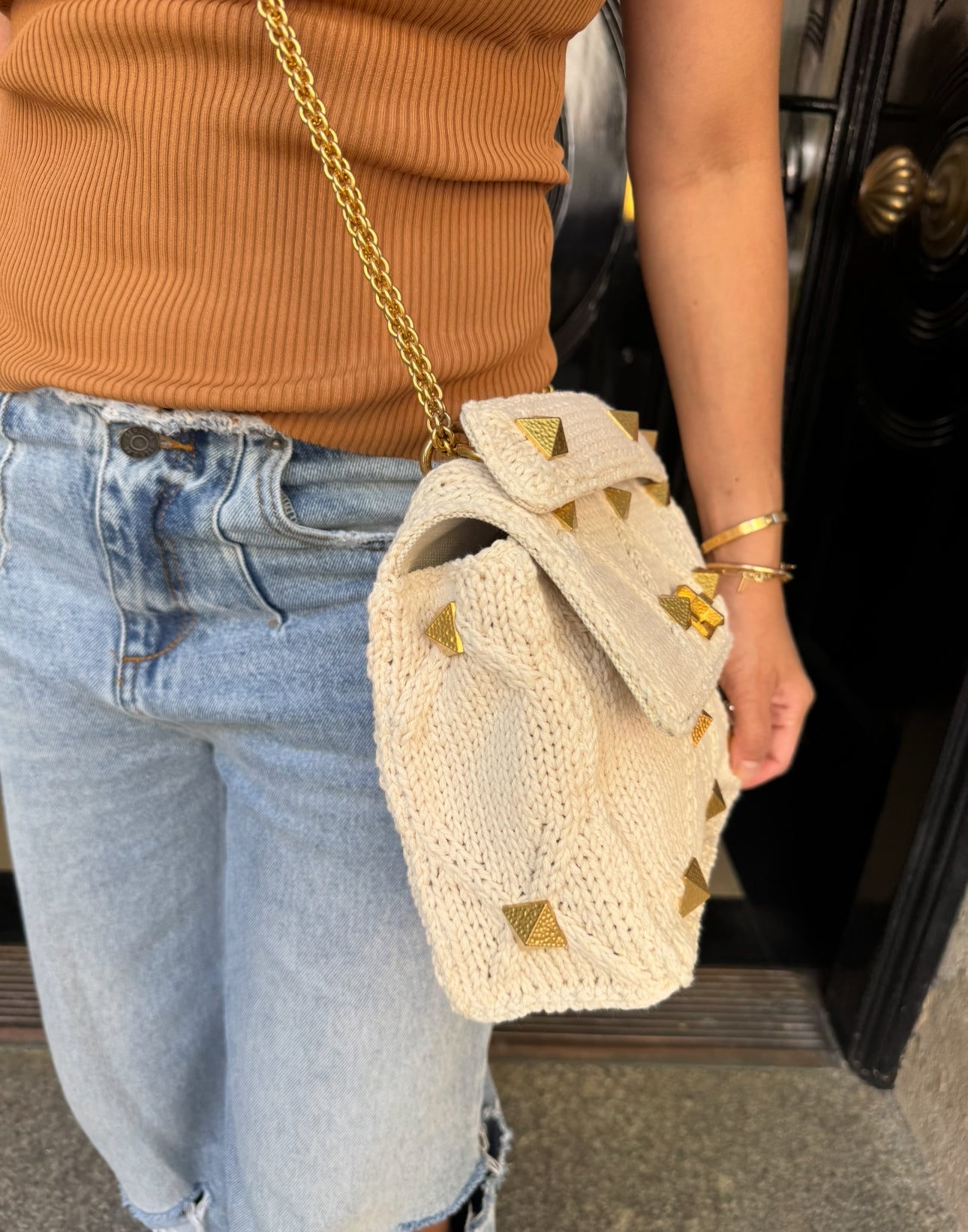 Valentino White Ivory Knit Rockstud Bag