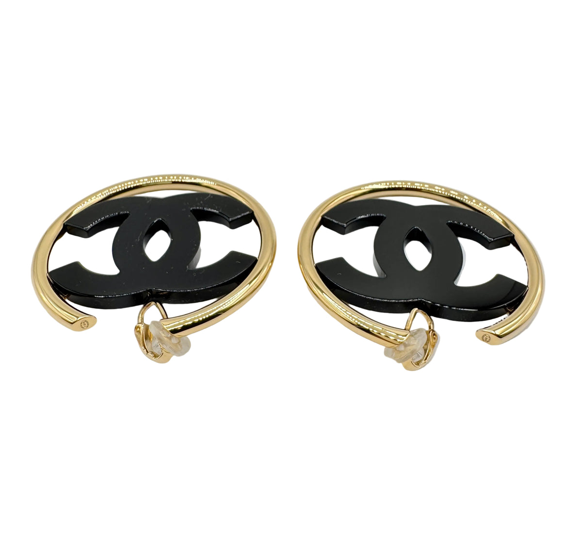 CHANEL Big Black CC Clip On Gold Hoop Earrings
