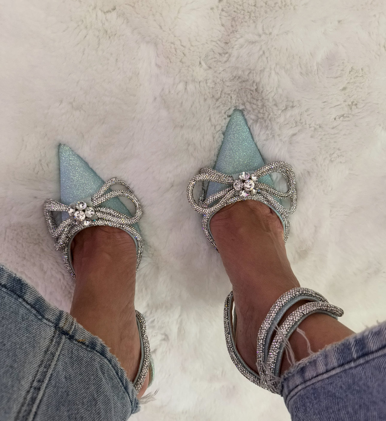 Mach and Mach Baby Blue Glitter Bow Heels