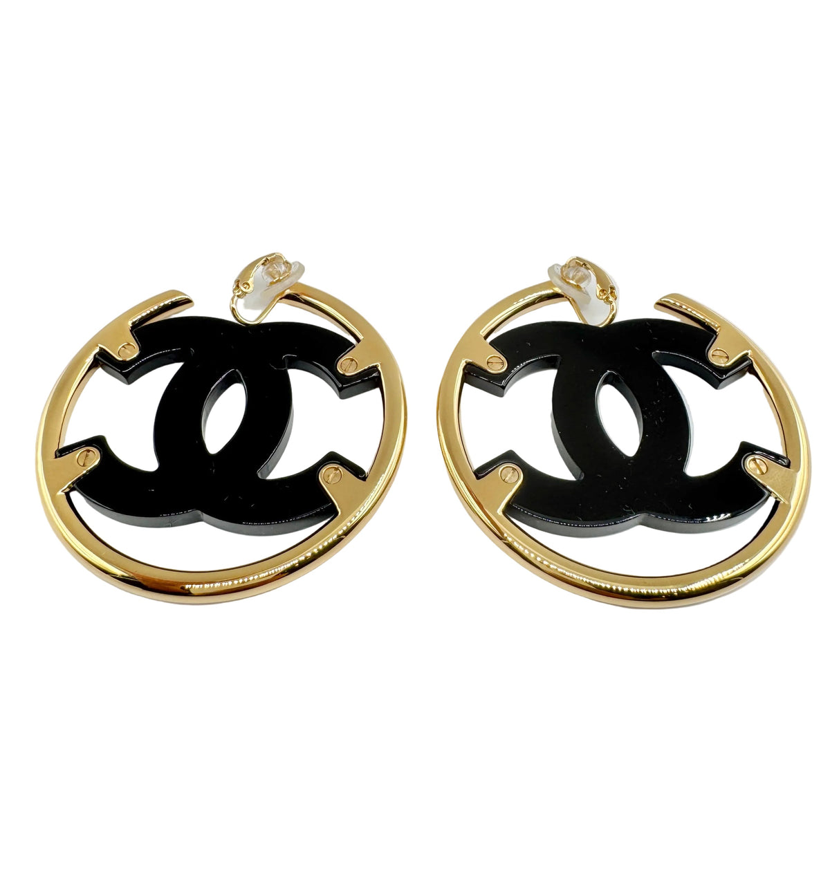 CHANEL Big Black CC Clip On Gold Hoop Earrings