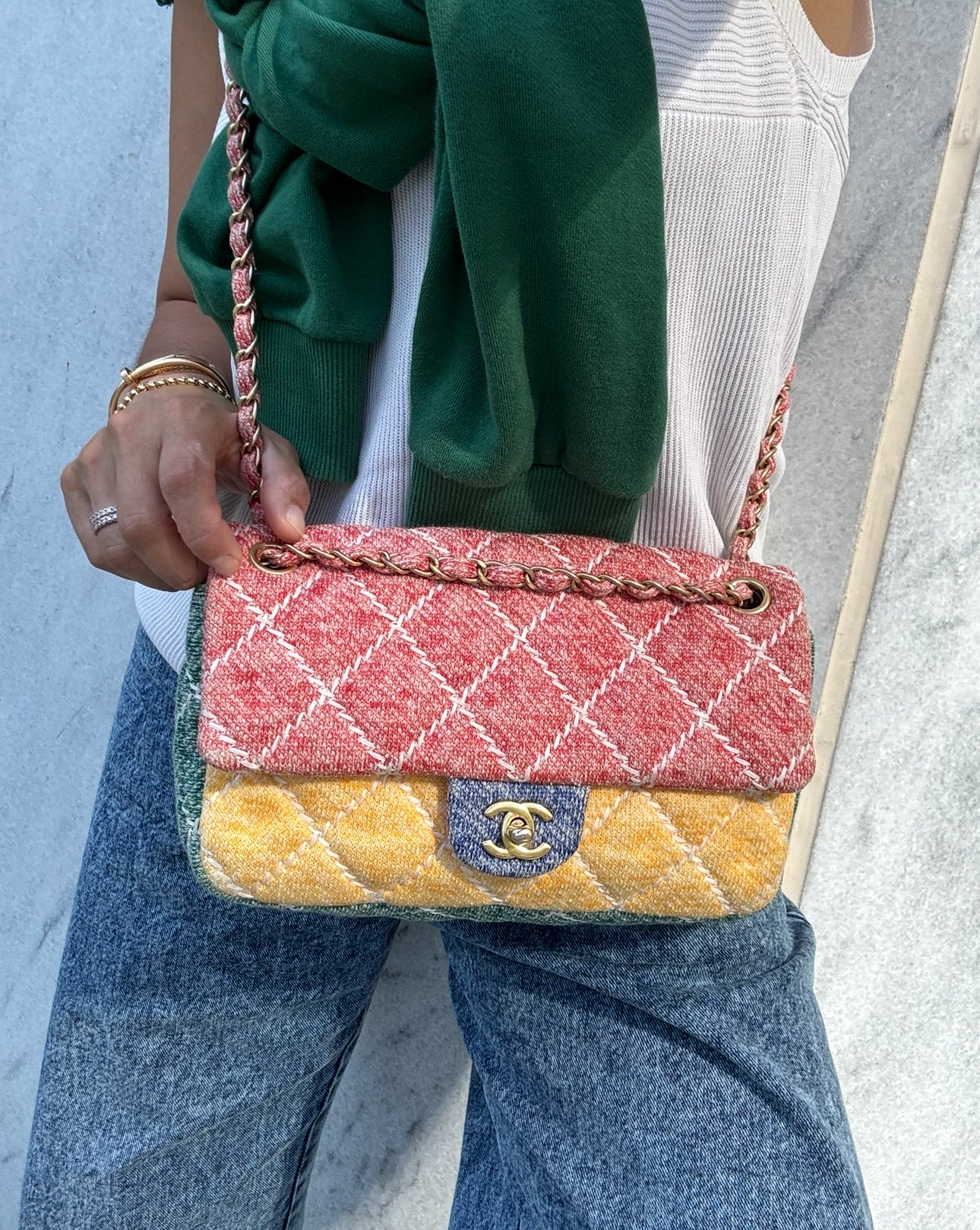 Chanel Color Block Quilted Jersey Fabric Medium Size Flapbag Gold Hardware