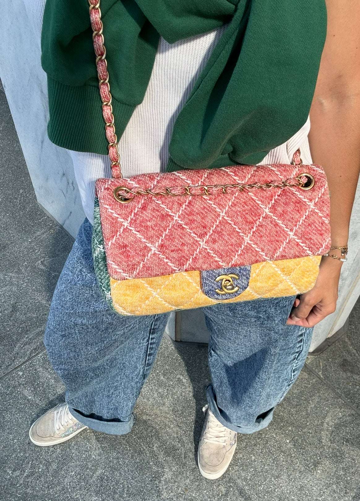 Chanel Color Block Quilted Jersey Fabric Medium Size Flapbag Gold Hardware