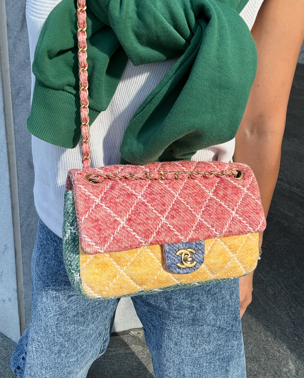 Chanel Color Block Quilted Jersey Fabric Medium Size Flapbag Gold Hardware