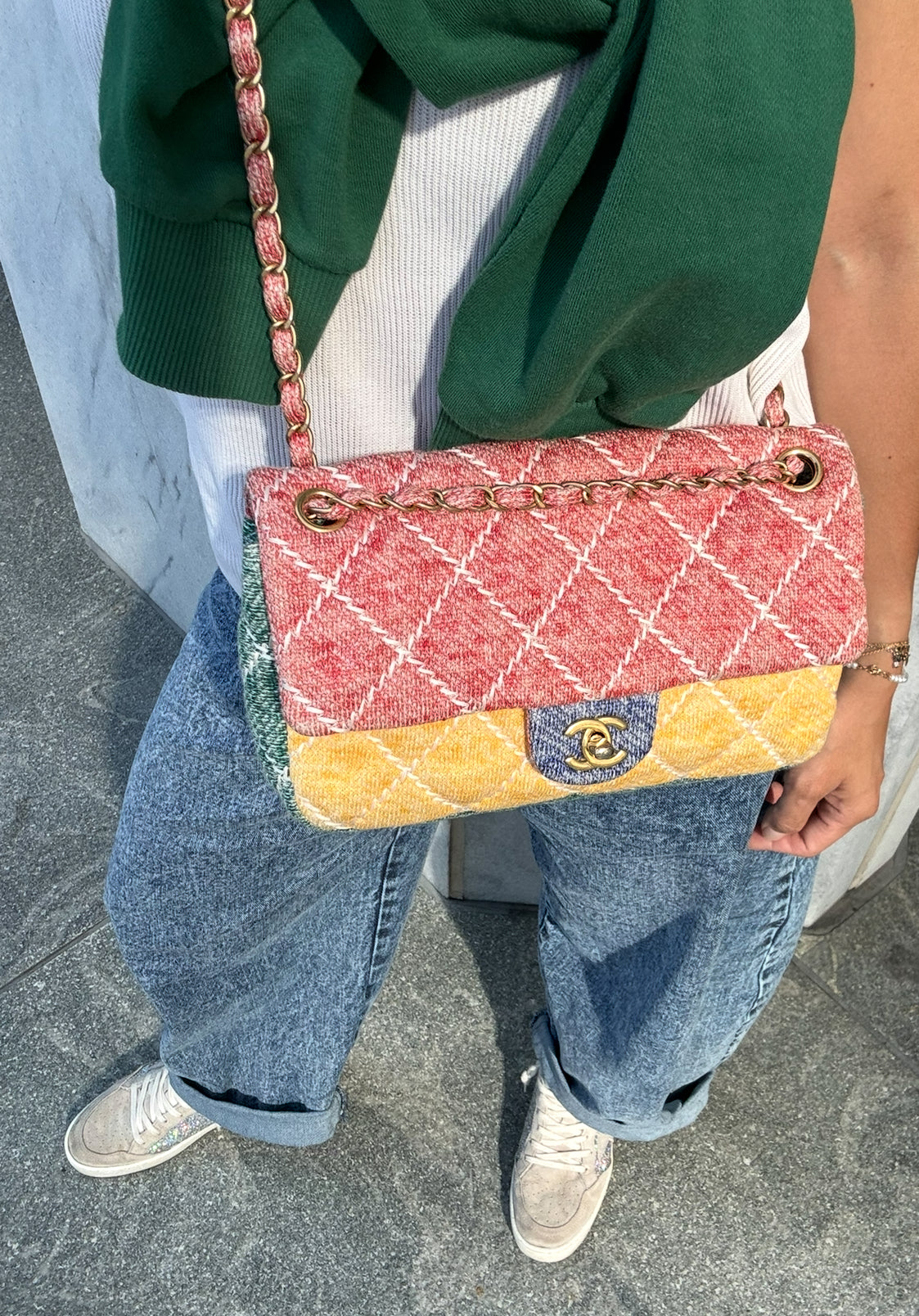 Chanel Color Block Quilted Jersey Fabric Medium Size Flapbag Gold Hardware