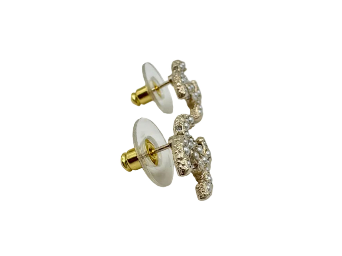 CHANEL Gold CC Stud Earrings with Pearls and Crystals