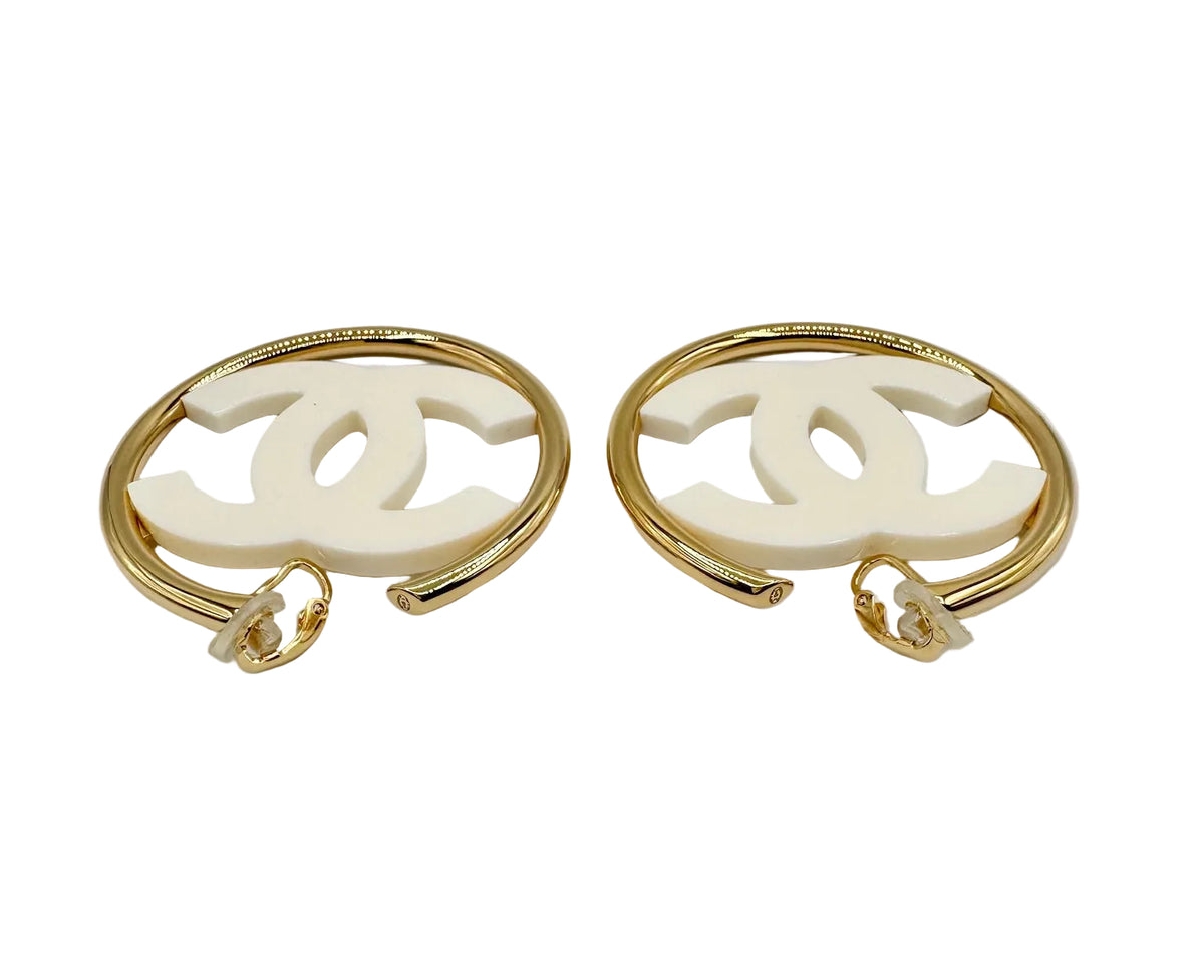 CHANEL Big White CC Clip On Gold Hoop Earrings