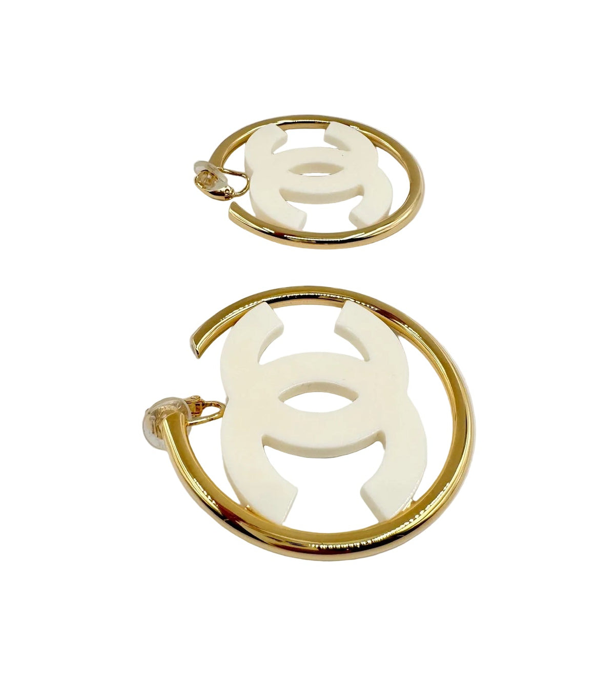 CHANEL Big White CC Clip On Gold Hoop Earrings
