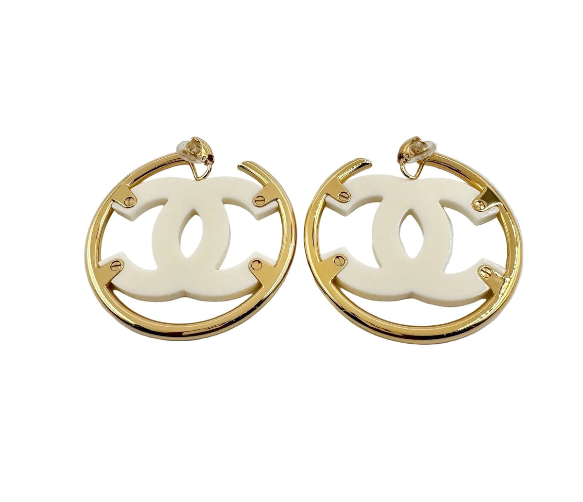 CHANEL Big White CC Clip On Gold Hoop Earrings