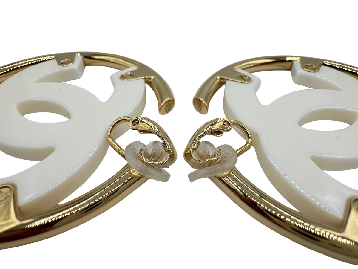 CHANEL Big White CC Clip On Gold Hoop Earrings