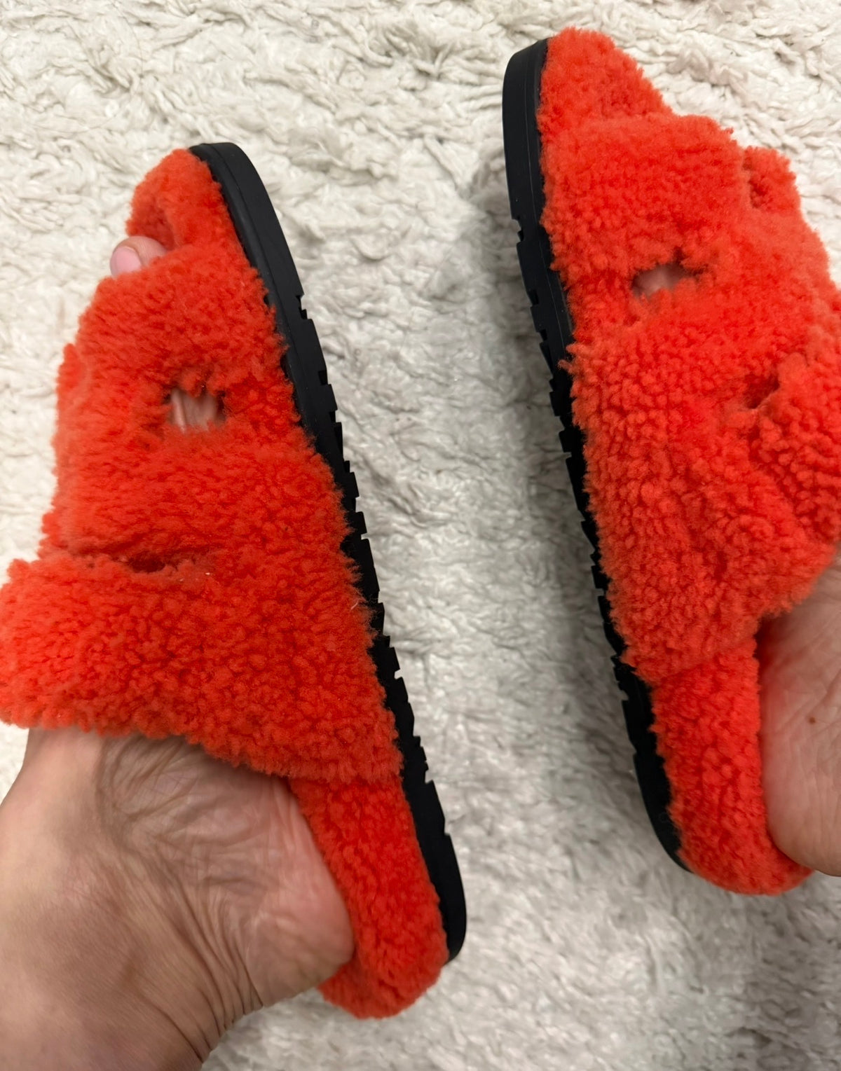 Hermès Orange Shearling Chypre Sandal