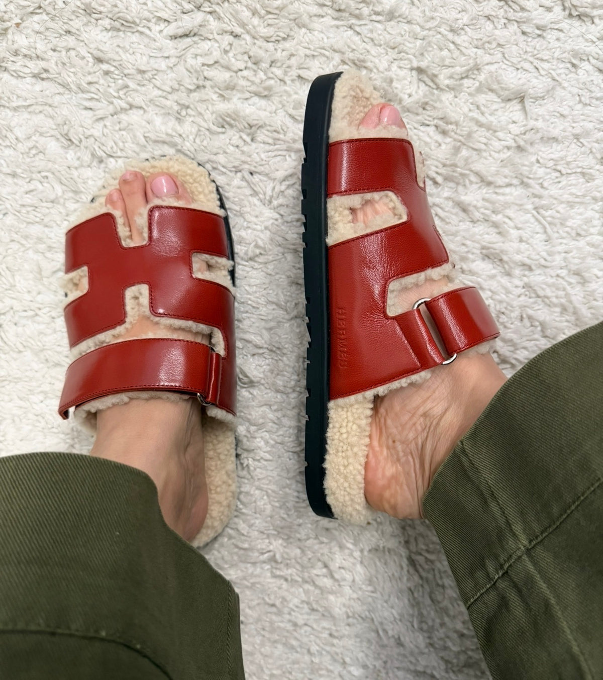 Hermès Rouge Sanguine and Ivory Shearling Chypre Sandals