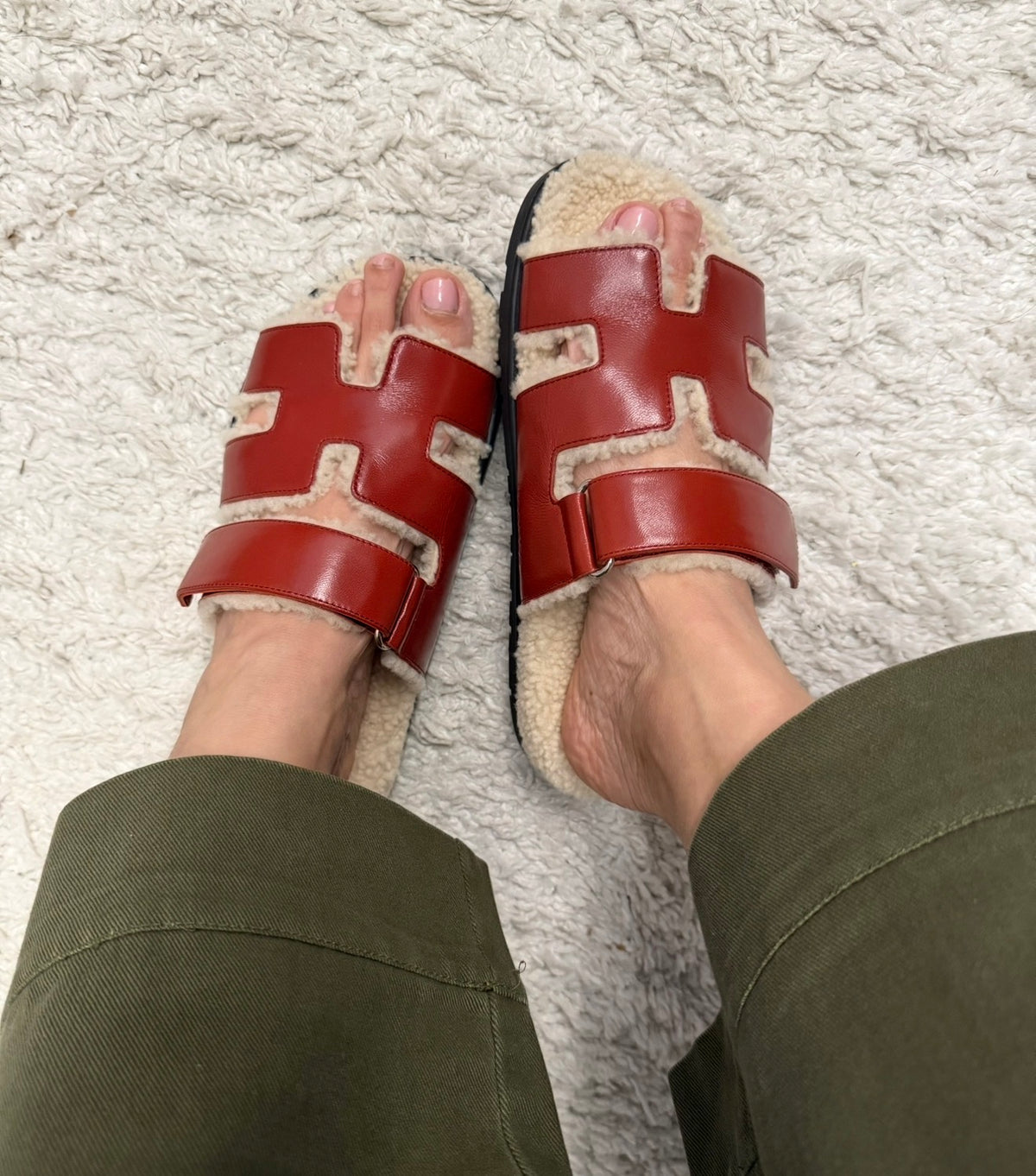Hermès Rouge Sanguine and Ivory Shearling Chypre Sandals