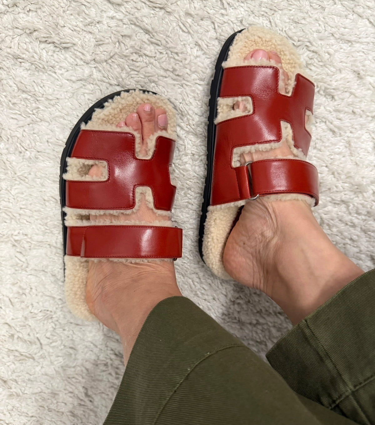 Hermès Rouge Sanguine and Ivory Shearling Chypre Sandals