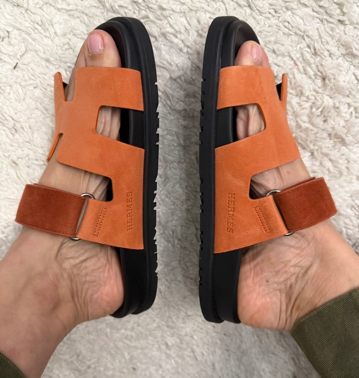 Hermès Rose Bois De Santal and Rouge De Turin Chypre Sandals