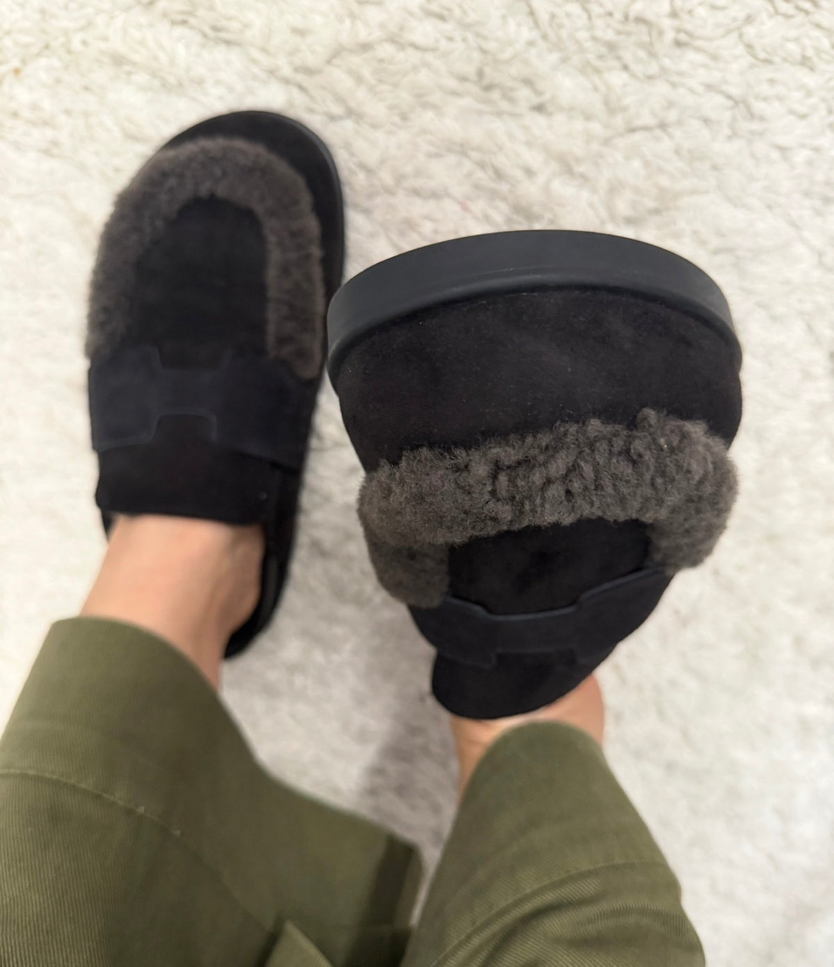 Hermès Black Shearling Go Mules