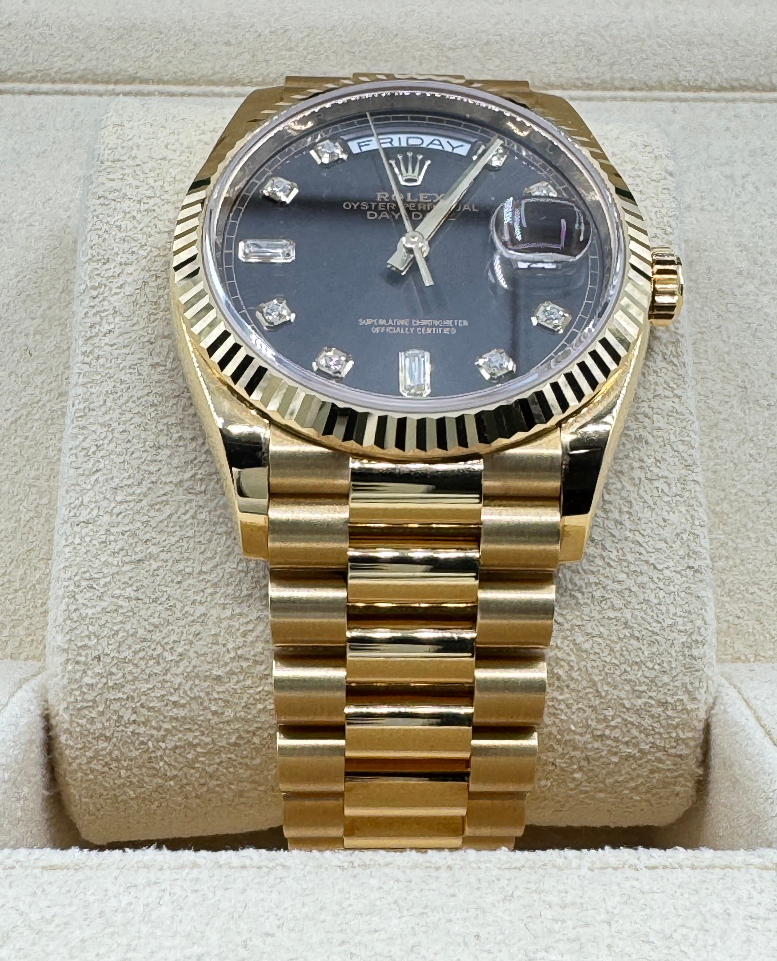 Rolex 36MM Day Date Yellow Gold and Dark Gray Dial with Diamonds