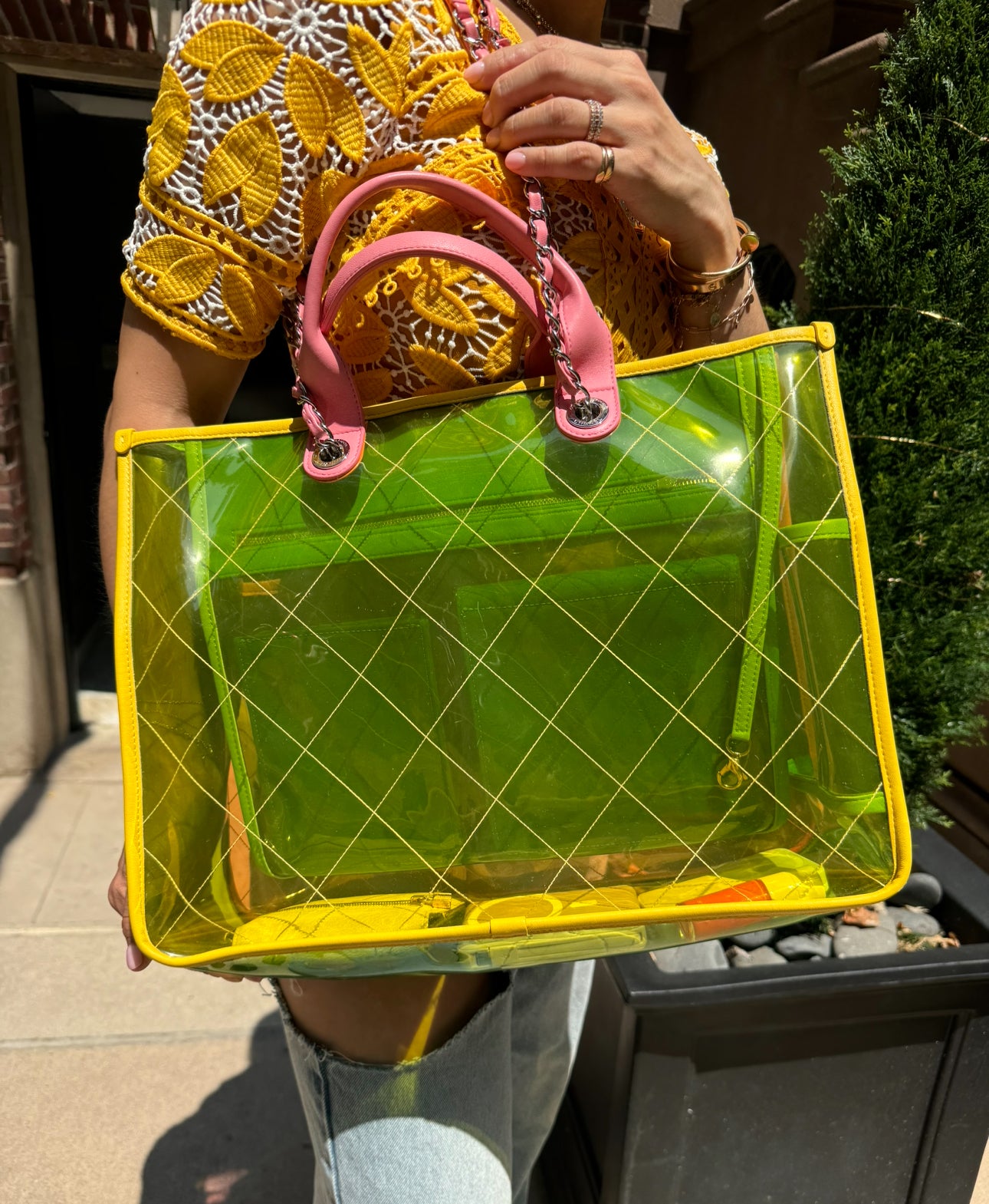 Chanel Coco Splash Yellow, Pink and Green Colorful PVC Transparent Medium Size Tote Bag with Lambskin Leather and Silver Hardware