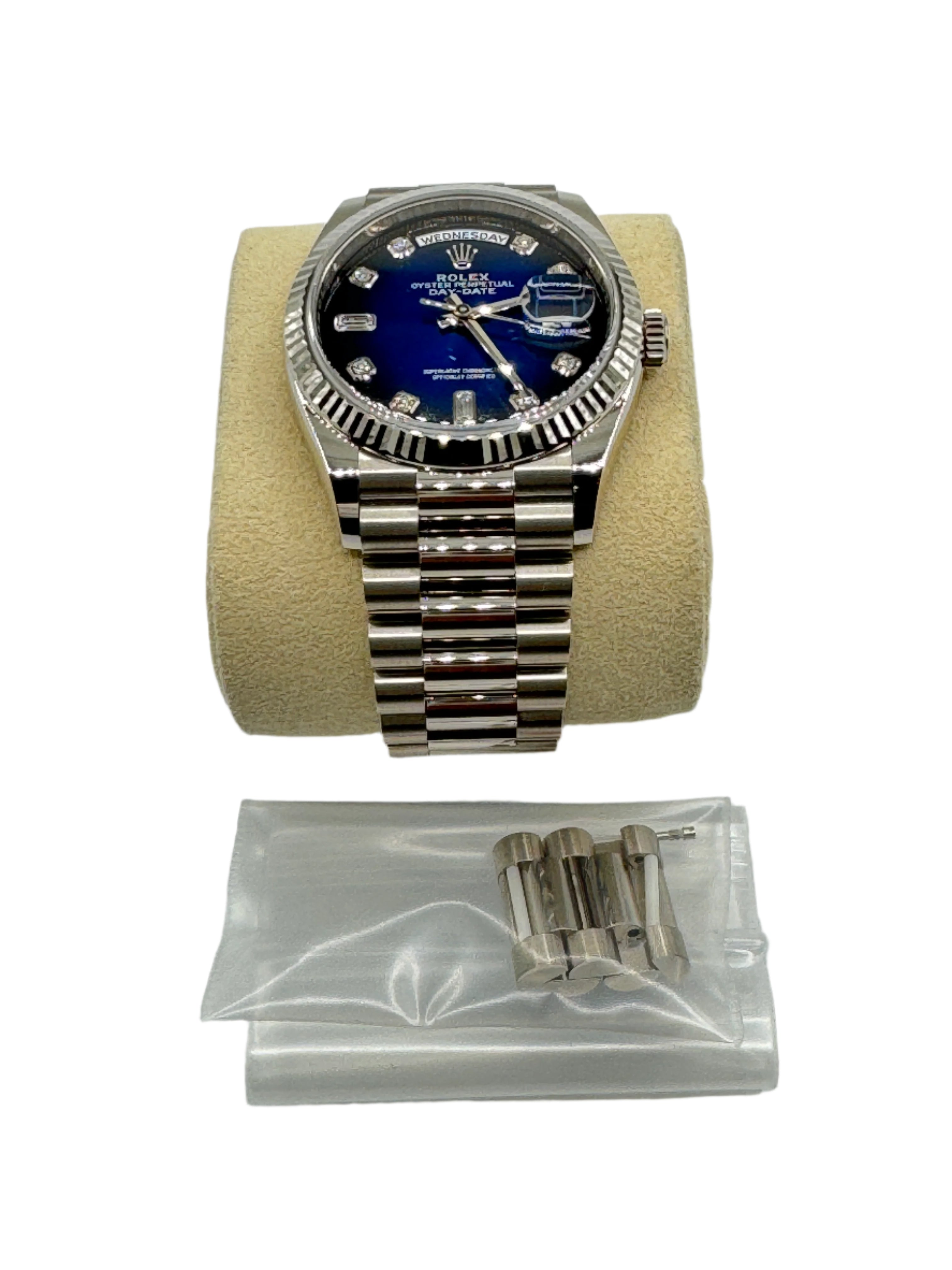 Rolex 36MM Day Date White Gold and Blue Ombre Dial with Diamonds