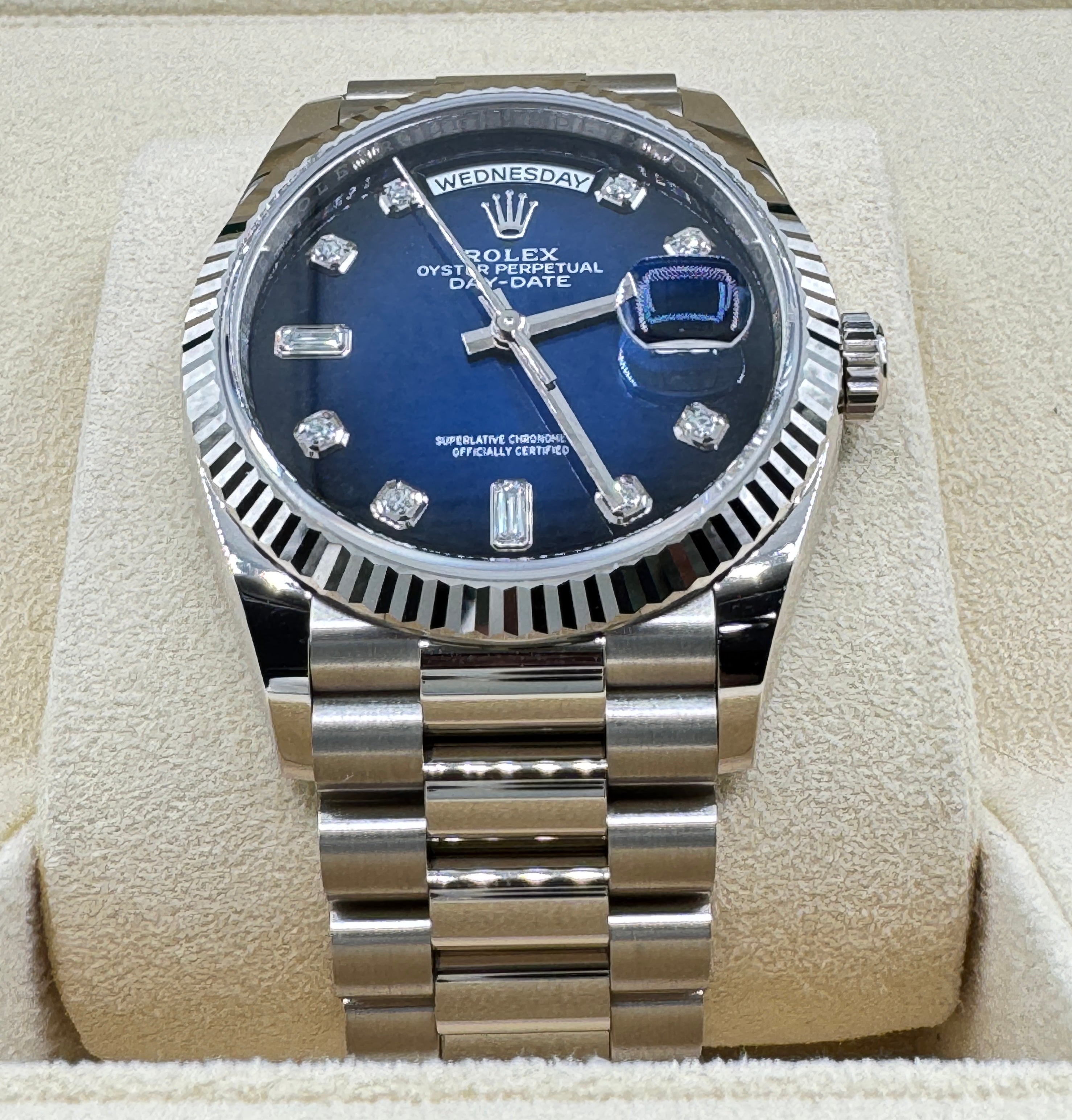 Rolex 36MM Day Date White Gold and Blue Ombre Dial with Diamonds