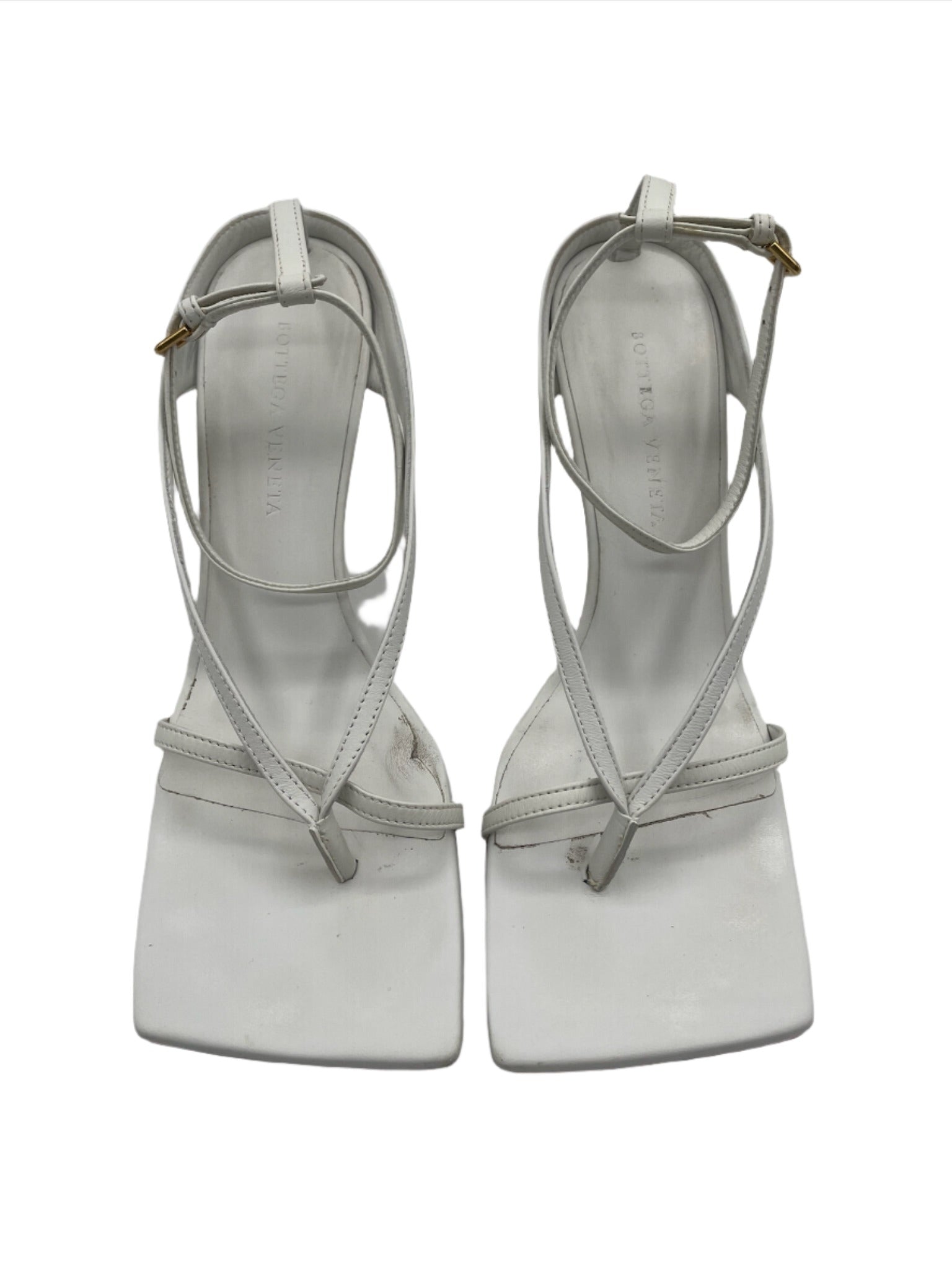 Bottega Veneta White Nappa Leather Stretch Strap Sandals Heels - Size 37.5