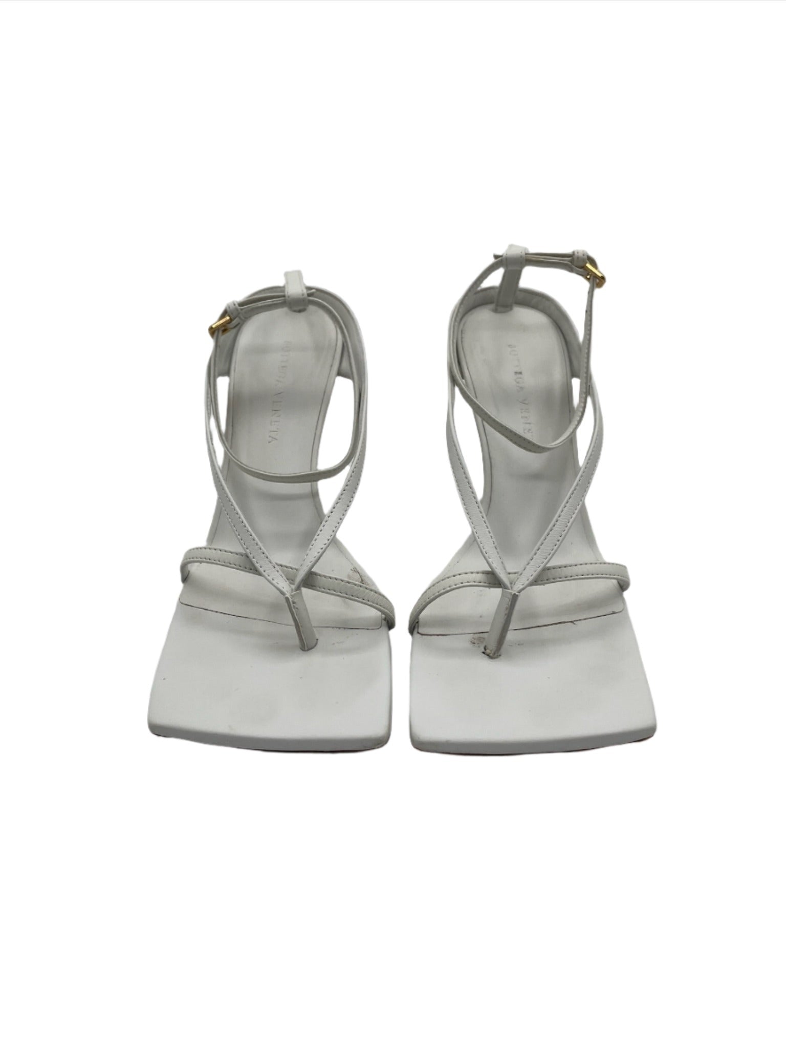 Bottega Veneta White Nappa Leather Stretch Strap Sandals Heels - Size 37.5