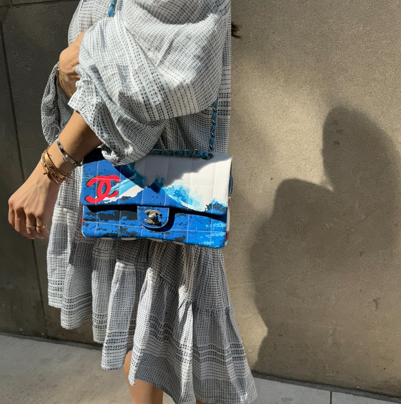 Chanel Blue with White Wave Canvas Flapbag with Red CC and Silver Hardware