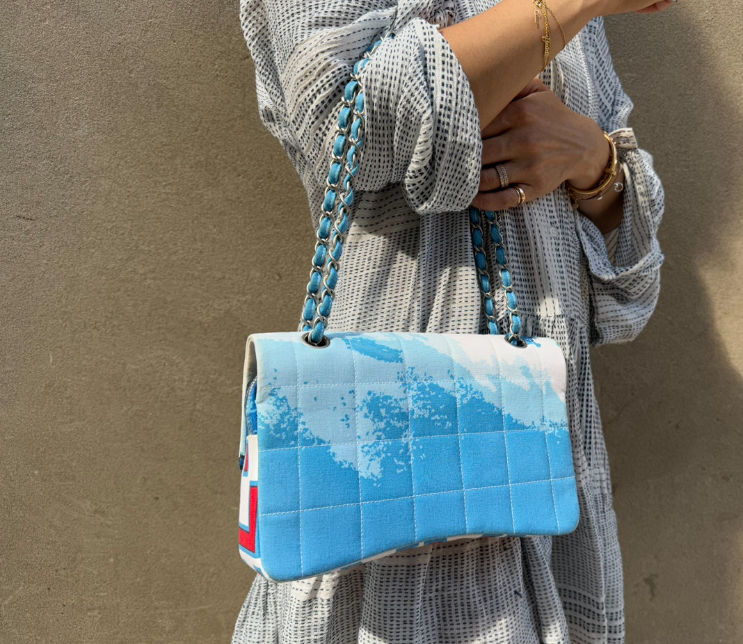 Chanel Blue with White Wave Canvas Flapbag with Red CC and Silver Hardware