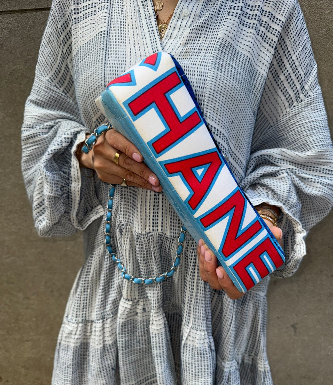Chanel Blue with White Wave Canvas Flapbag with Red CC and Silver Hardware