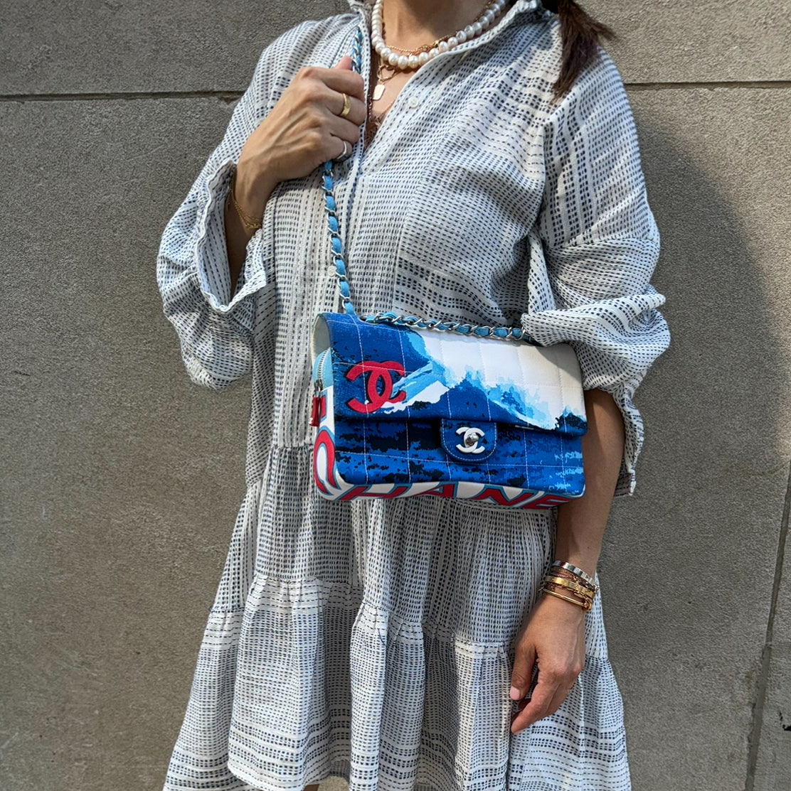 Chanel Blue with White Wave Canvas Flapbag with Red CC and Silver Hardware